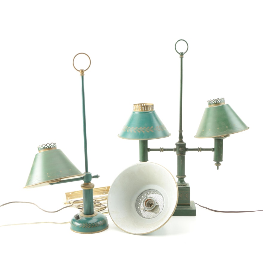 Vintage Bouillotte Style Desk Lamps and Retractable Wall Lamp