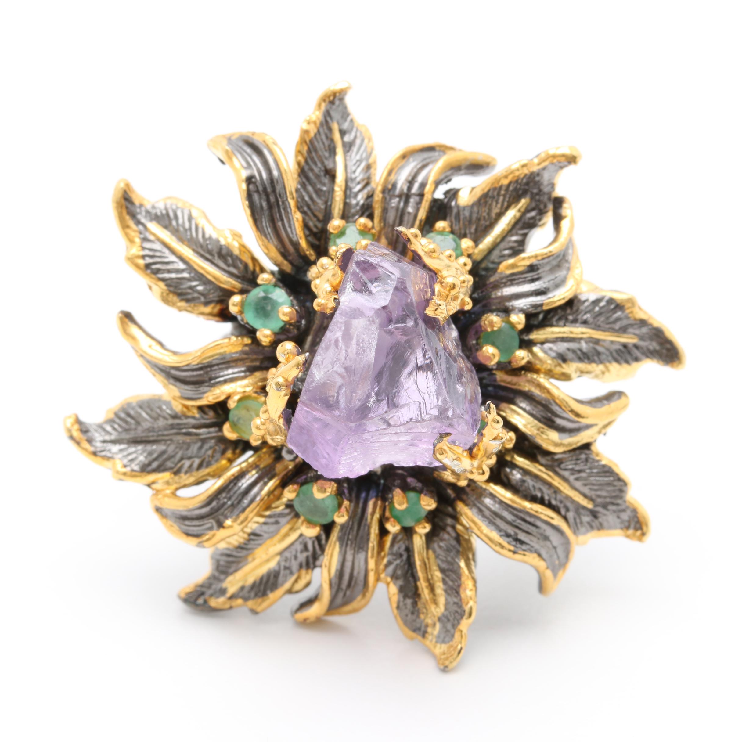 Sterling Silver Emerald and Amethyst Crystal Flower Ring