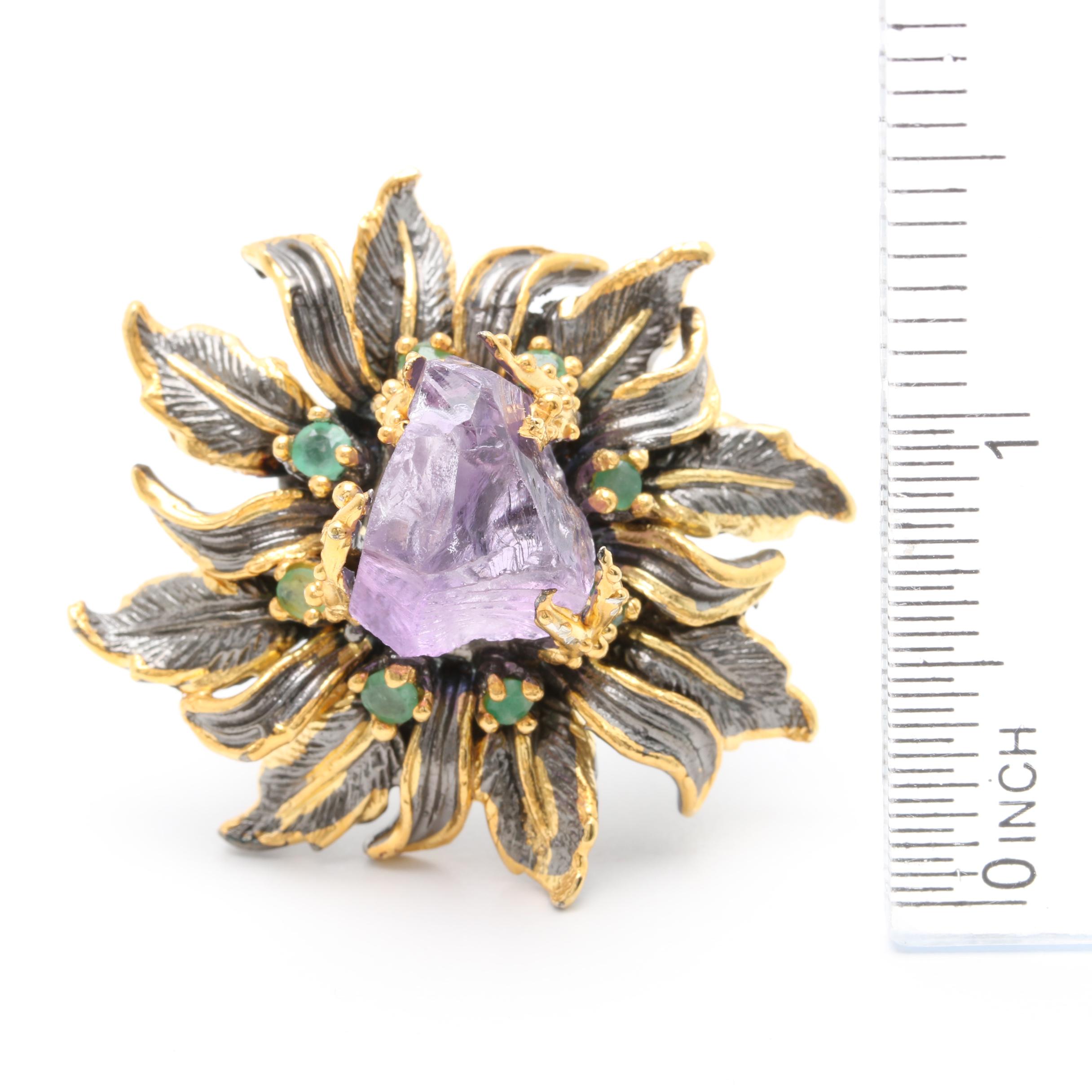 Sterling Silver Emerald and Amethyst Crystal Flower Ring