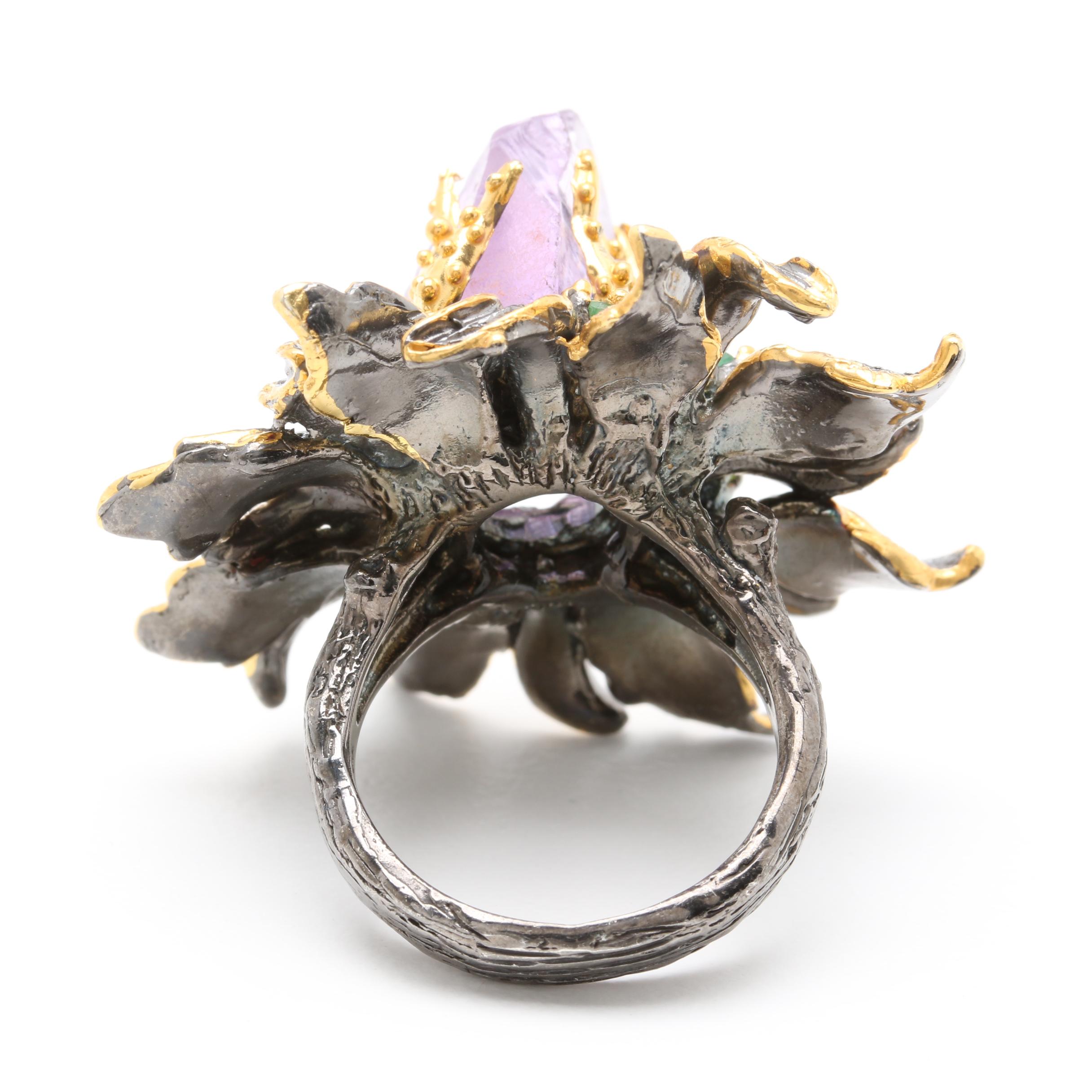 Sterling Silver Emerald and Amethyst Crystal Flower Ring