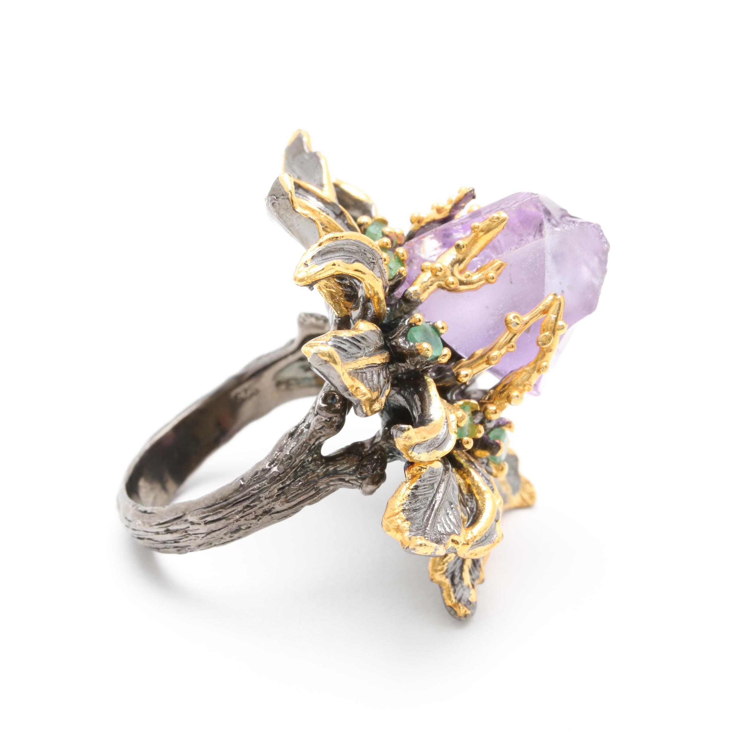 Sterling Silver Emerald and Amethyst Crystal Flower Ring