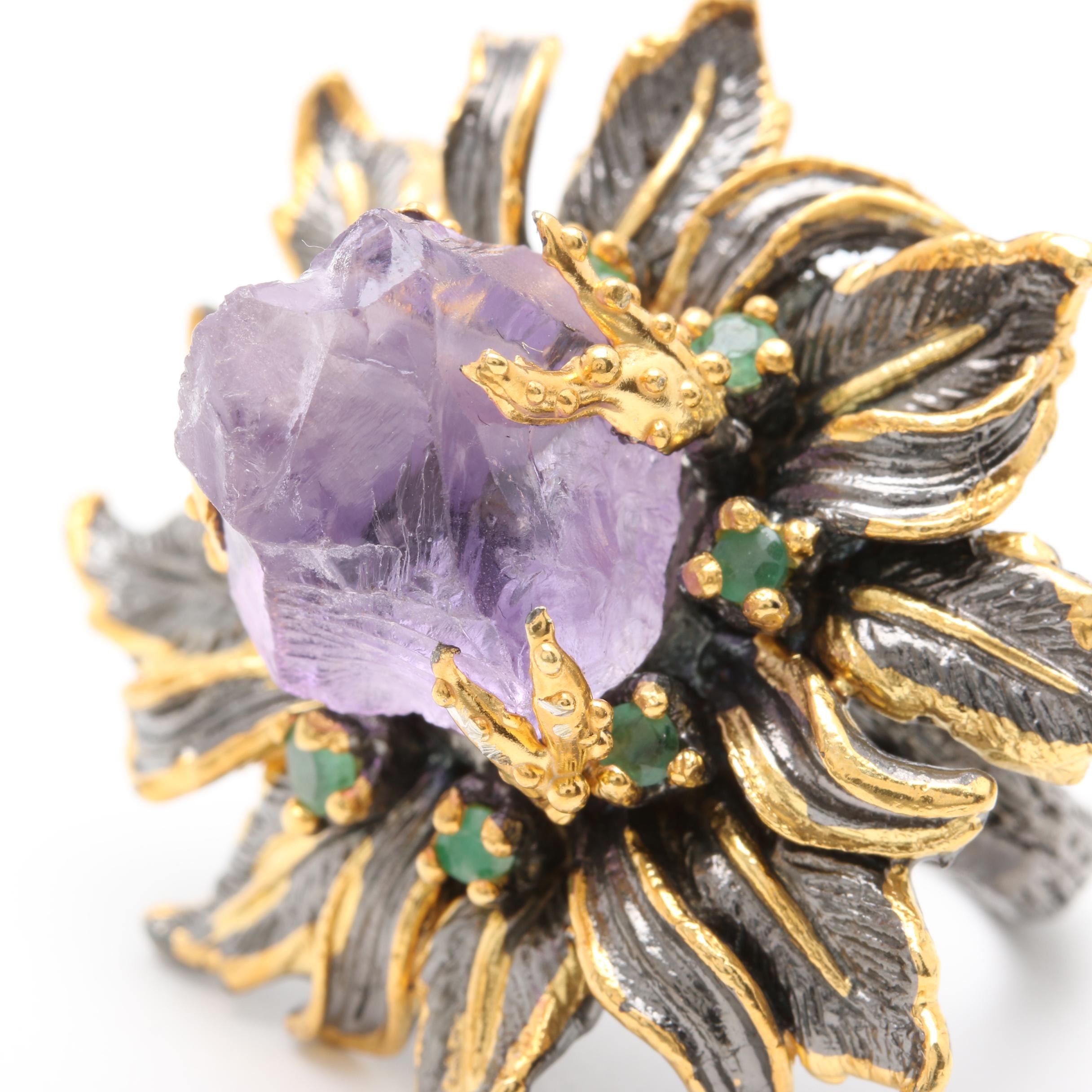 Sterling Silver Emerald and Amethyst Crystal Flower Ring