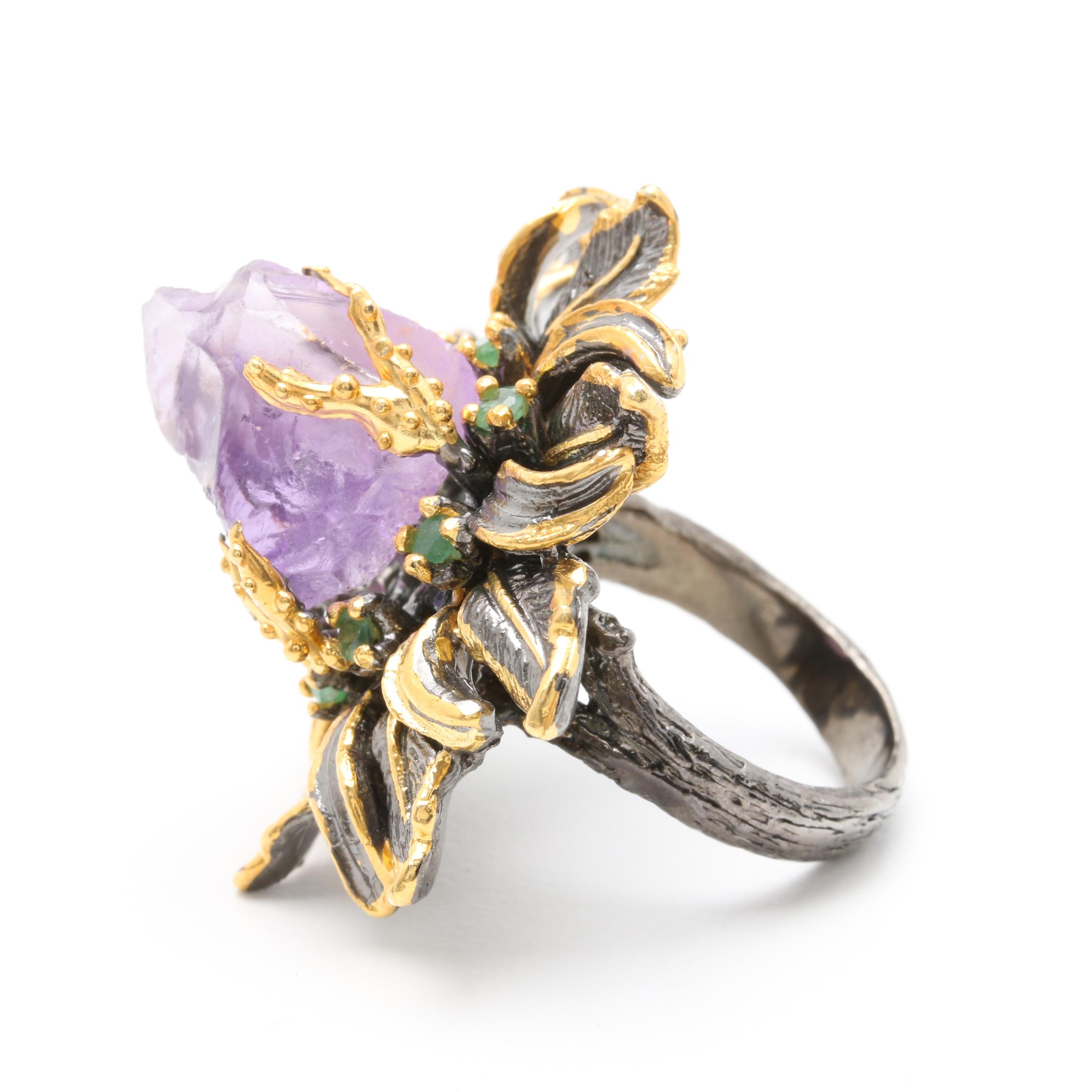 Sterling Silver Emerald and Amethyst Crystal Flower Ring