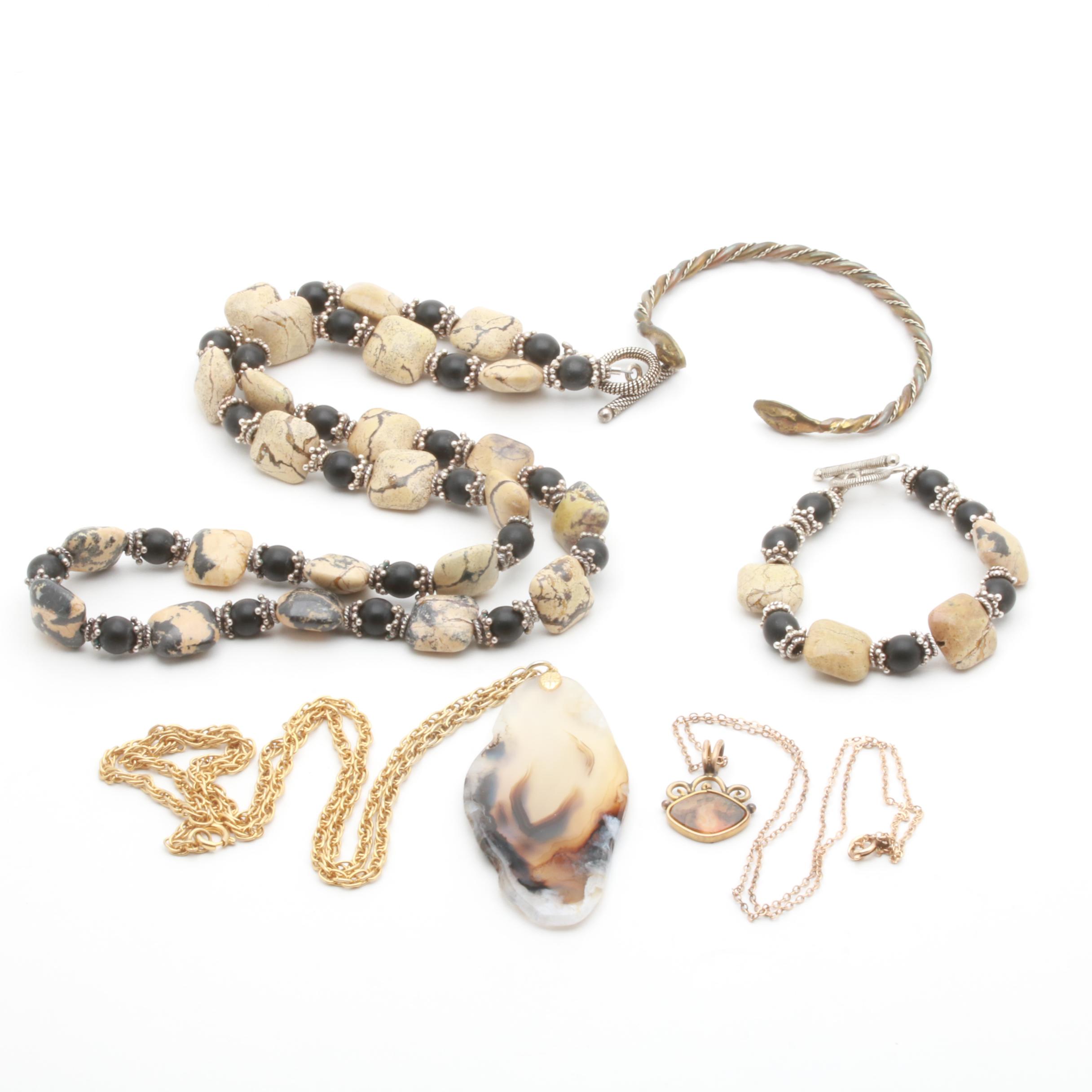 Jewelry Assortment Including Sterling Silver, Agate, Jasper, and Glass