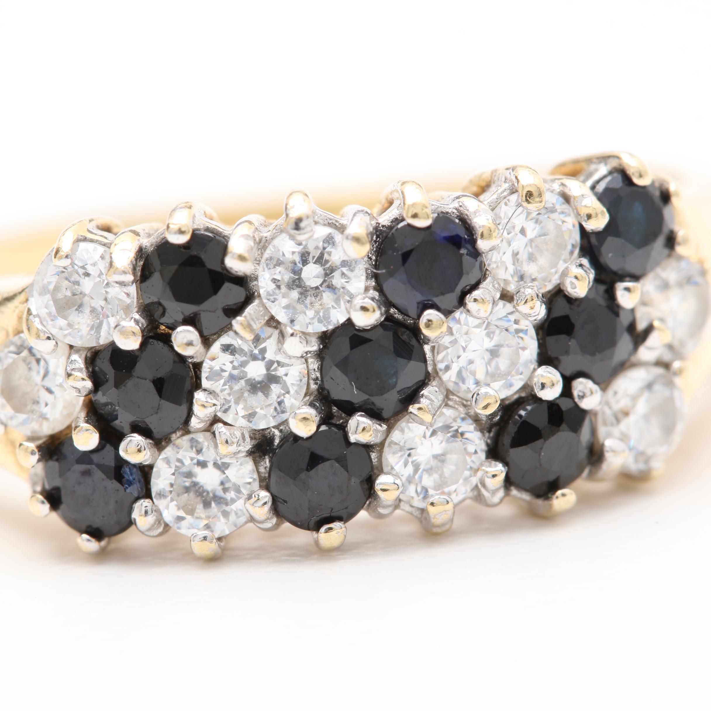 14K Yellow Gold Blue Sapphire and Cubic Zirconia Ring