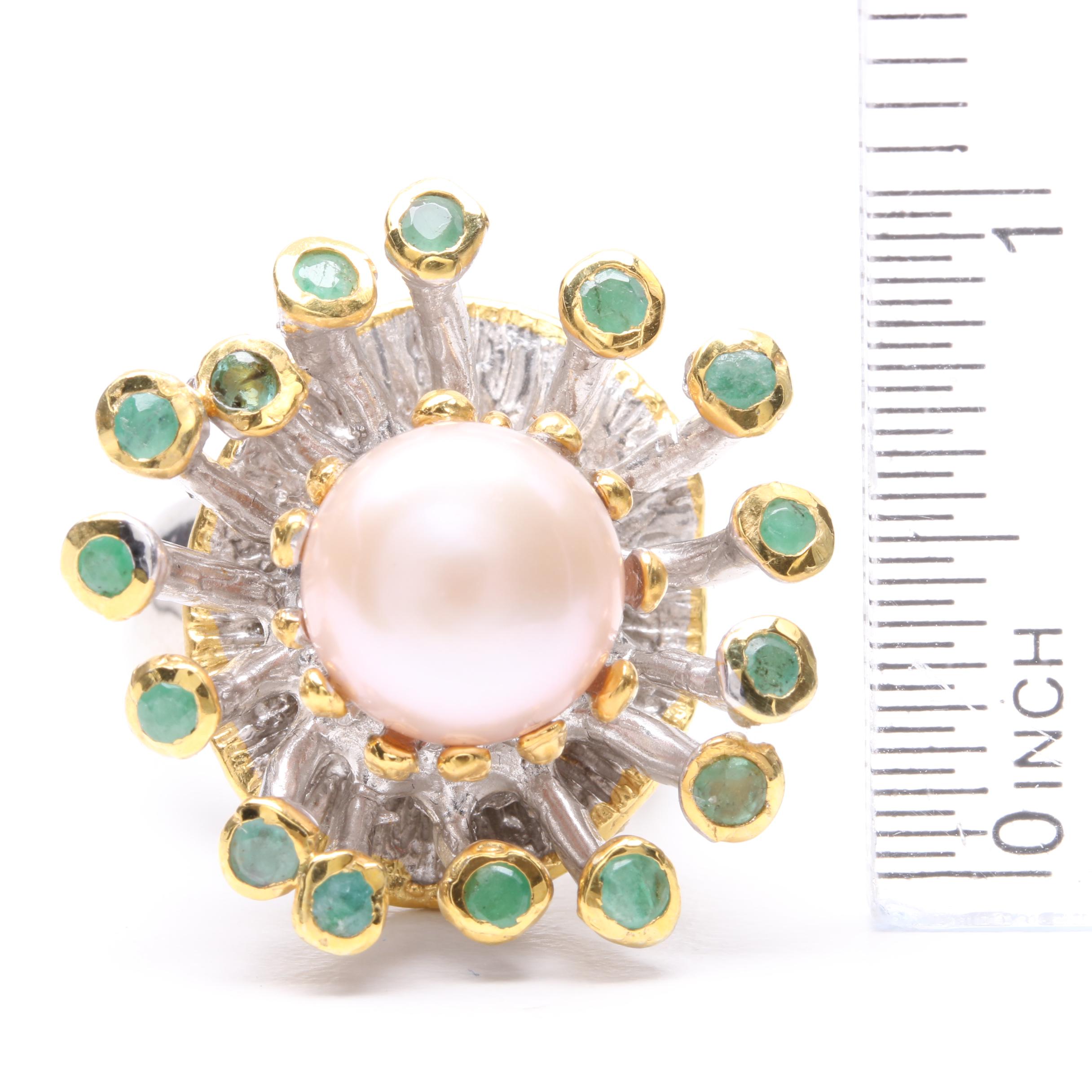Sterling Silver Cultured Pearl and Emerald Ring