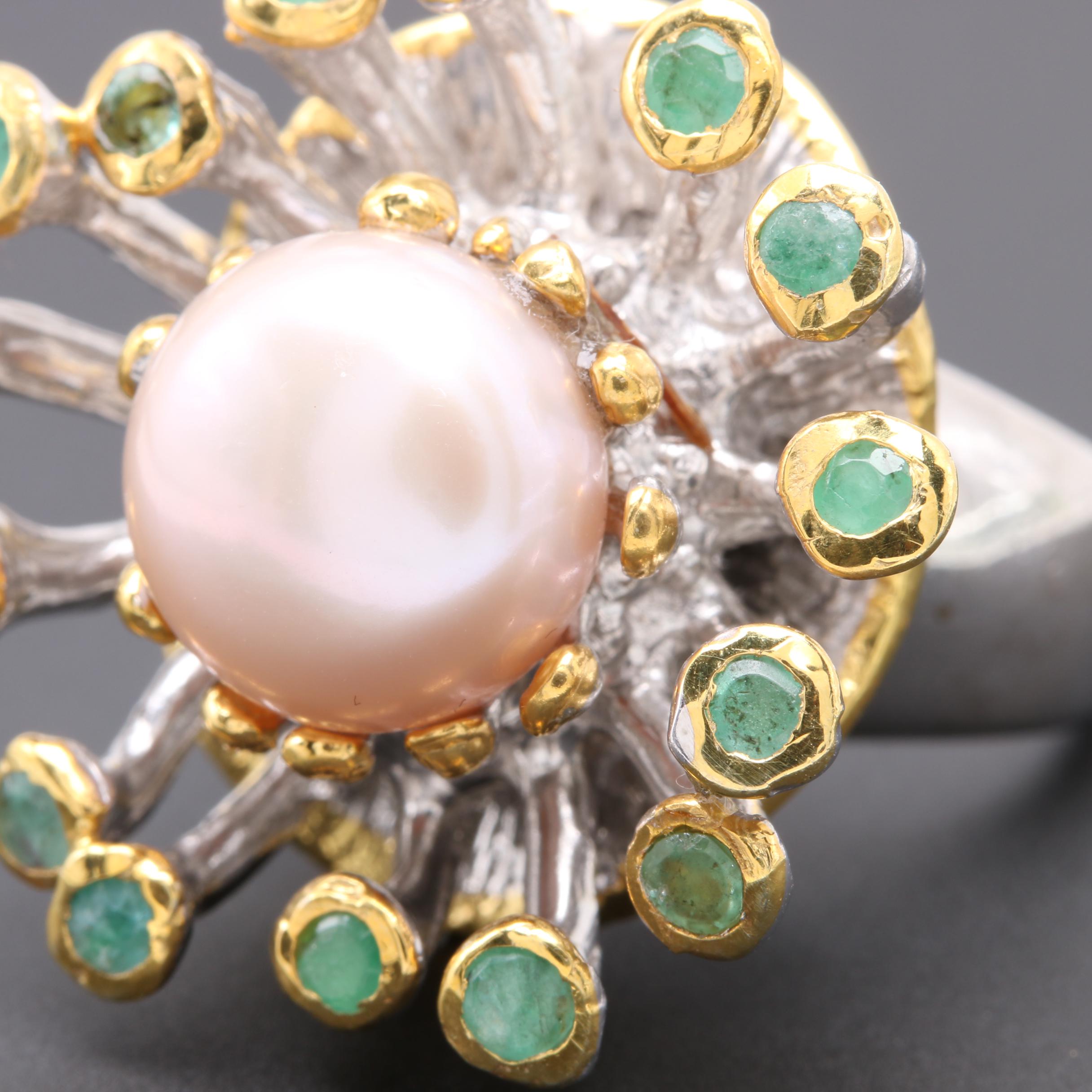 Sterling Silver Cultured Pearl and Emerald Ring