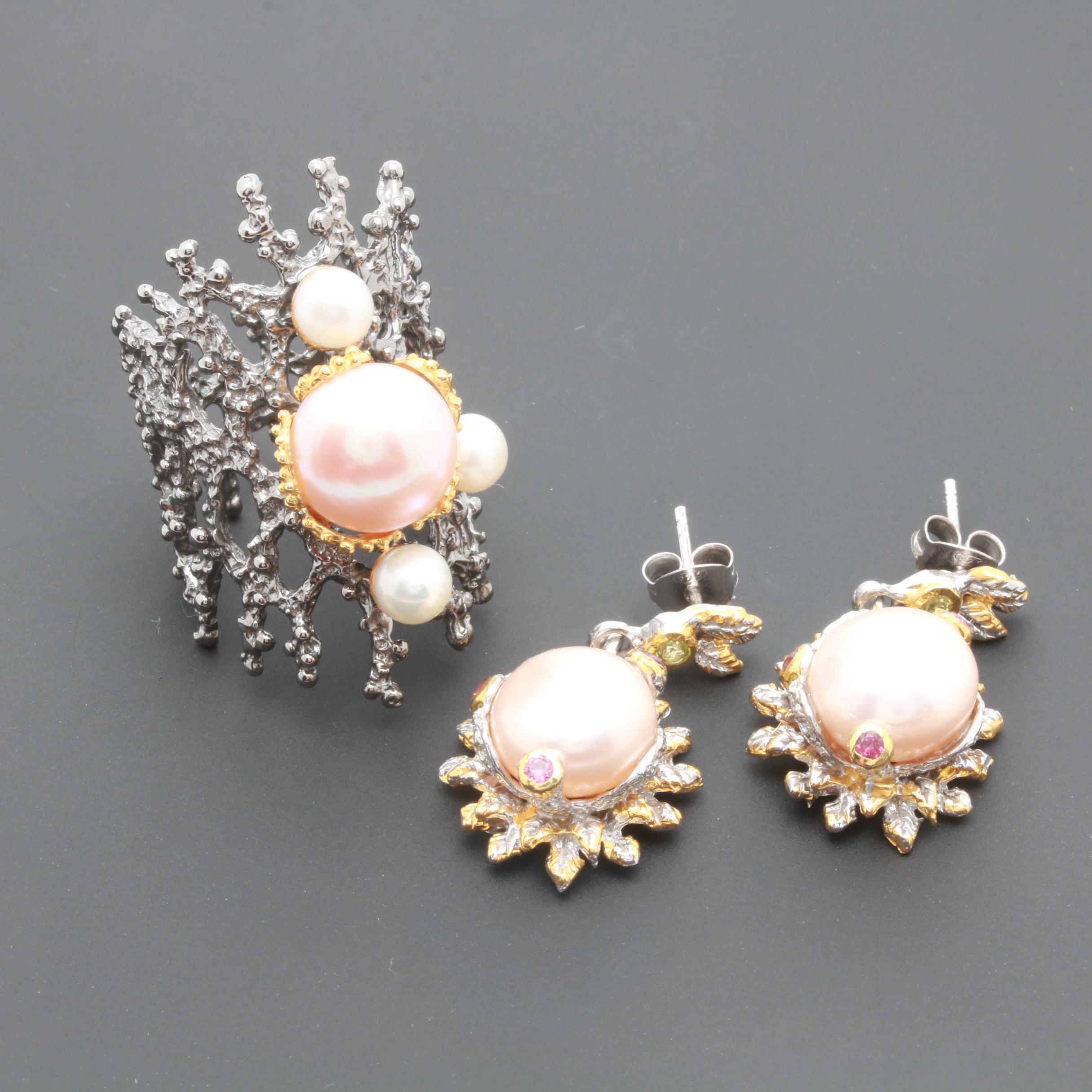 Sterling Silver Cultured Pearl, Garnet and Peridot Ring and Earrings