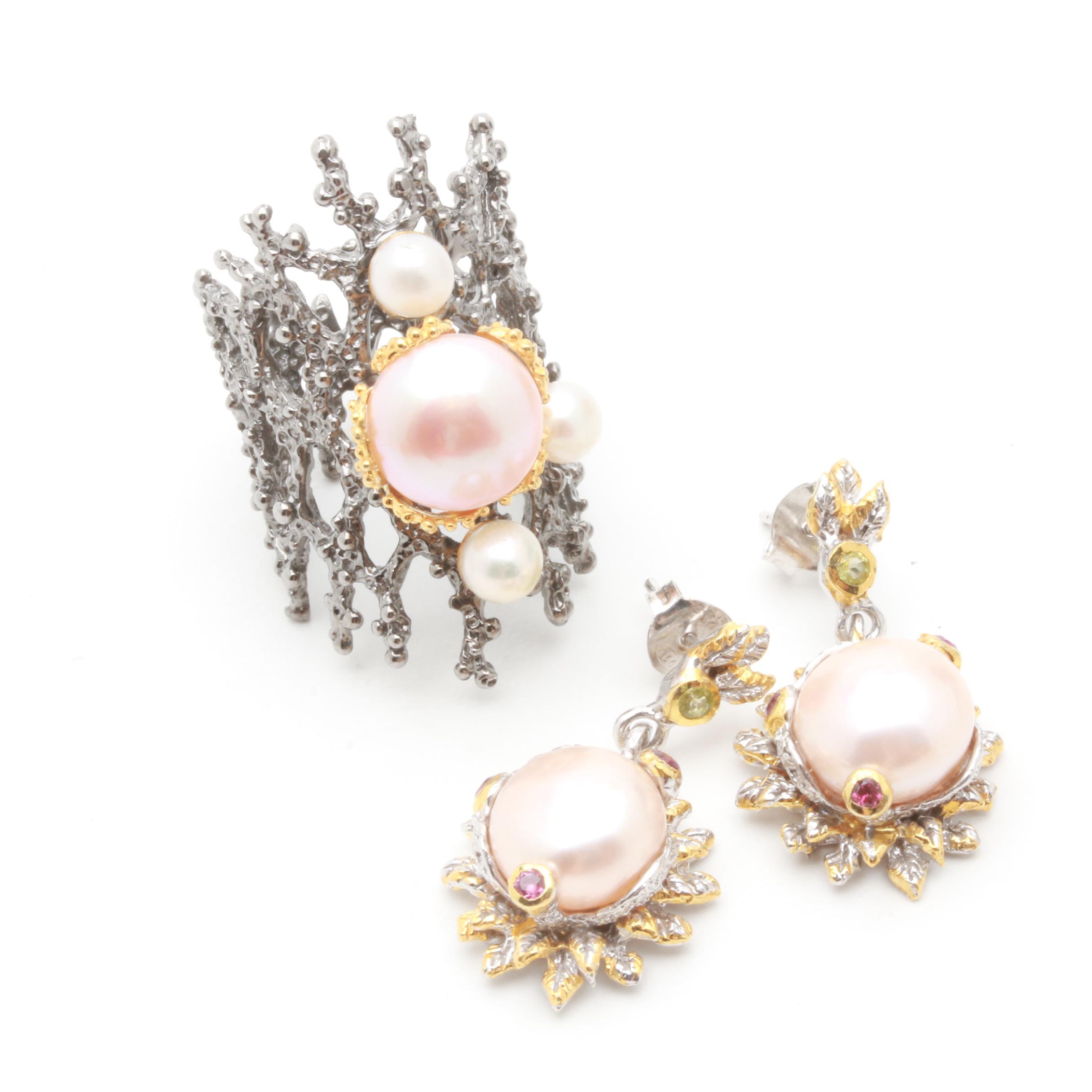Sterling Silver Cultured Pearl, Garnet and Peridot Ring and Earrings