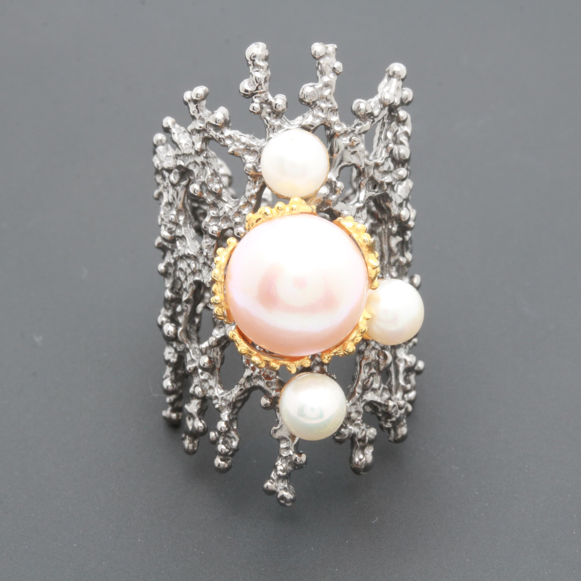 Sterling Silver Cultured Pearl, Garnet and Peridot Ring and Earrings