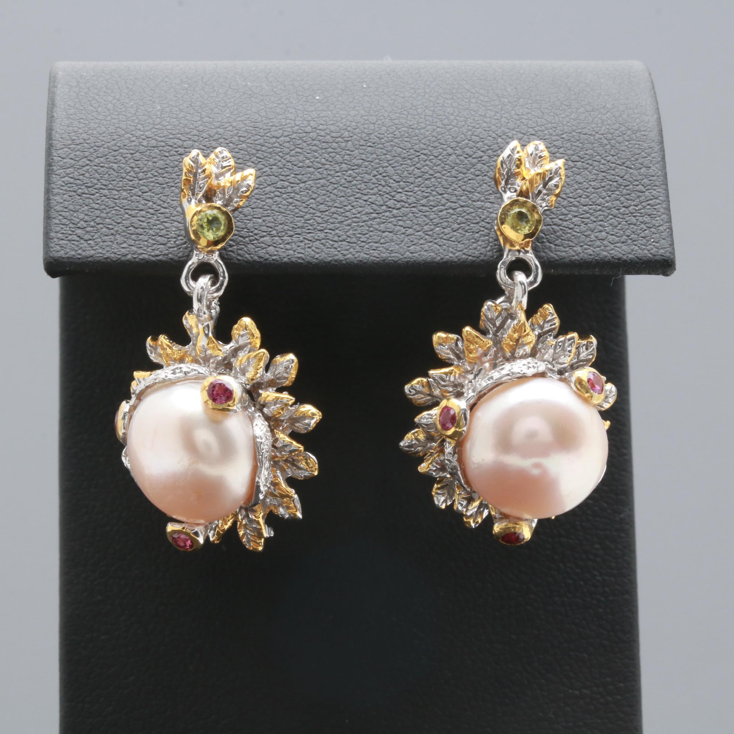 Sterling Silver Cultured Pearl, Garnet and Peridot Ring and Earrings