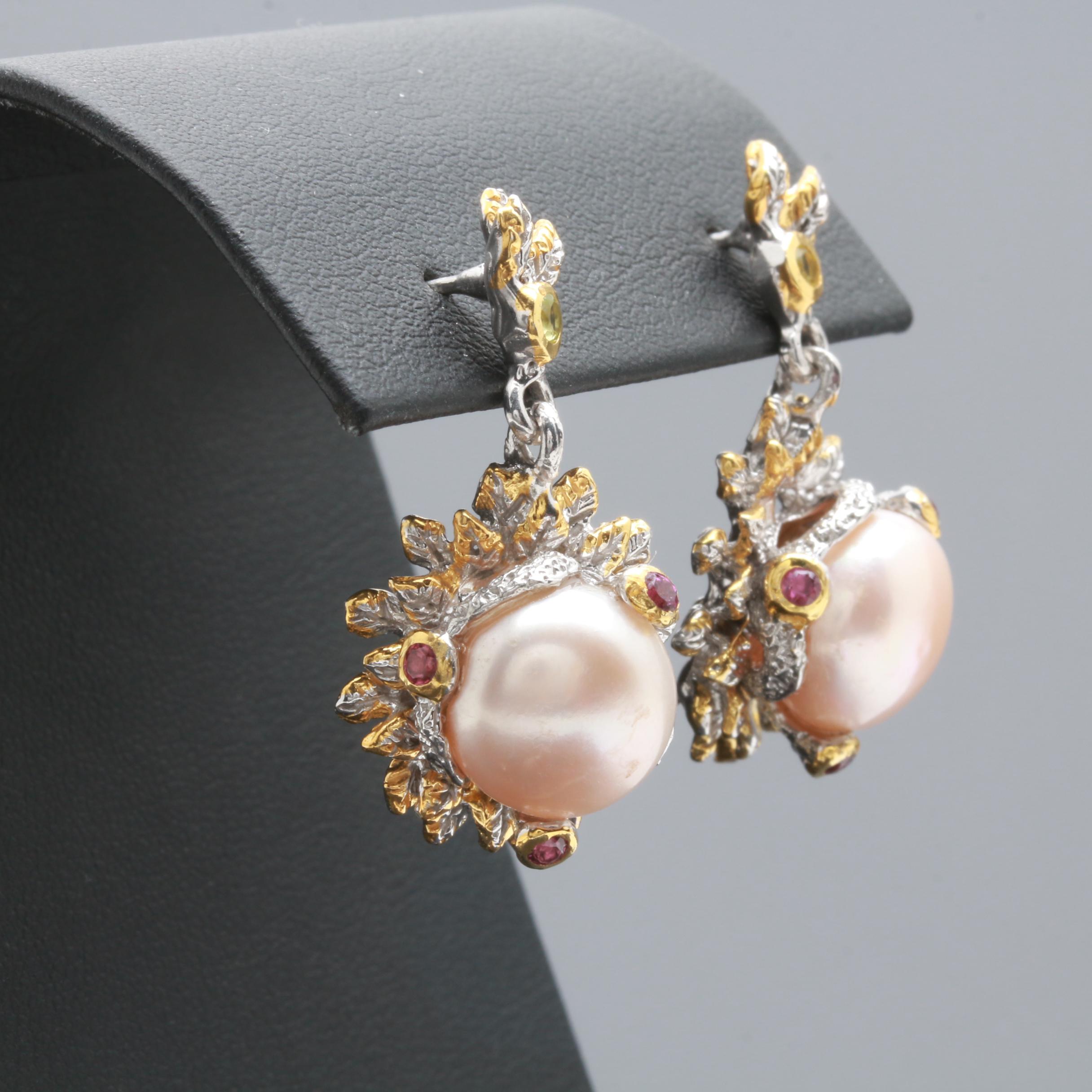 Sterling Silver Cultured Pearl, Garnet and Peridot Ring and Earrings