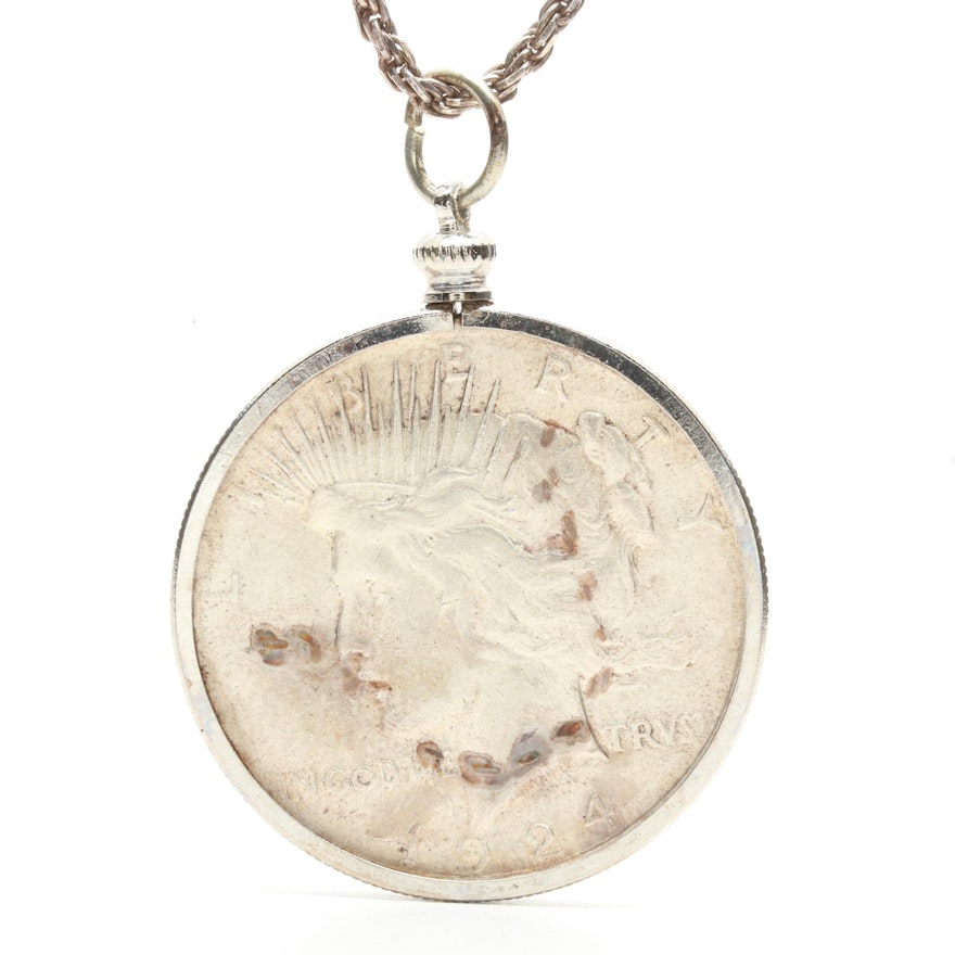 Sterling Silver Necklace with 1924 Peace Dollar Coin Pendant