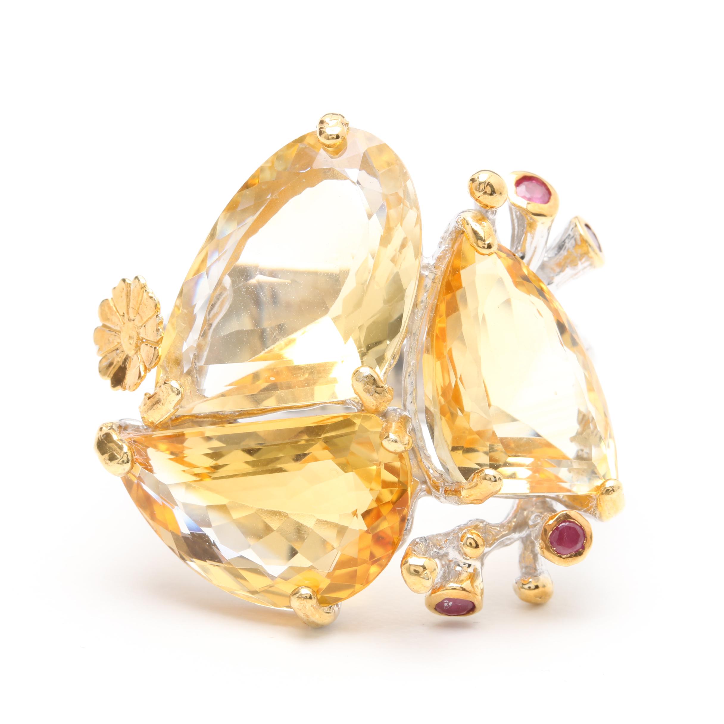 Sterling Silver Citrine, Amethyst and Ruby Necklace and Ring