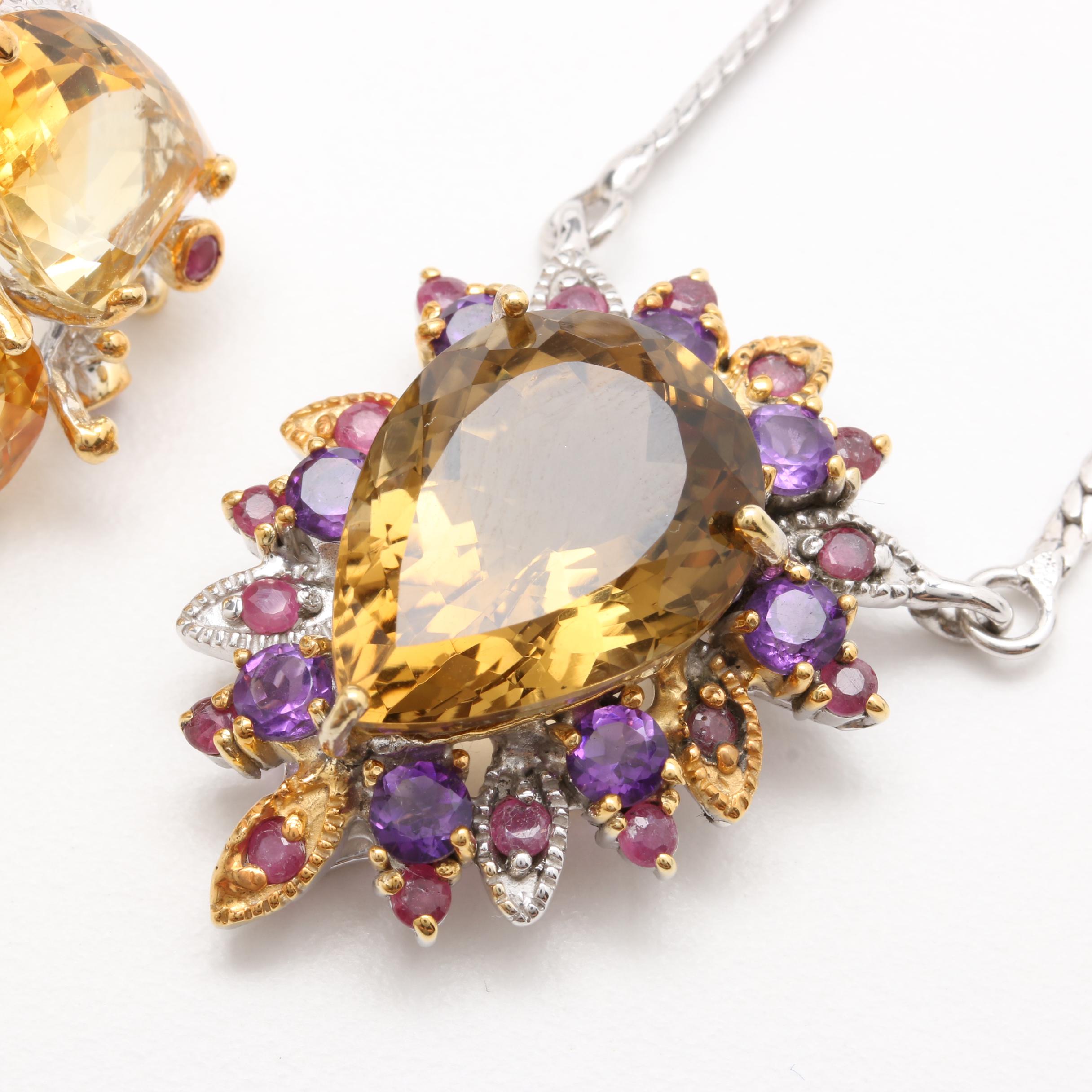 Sterling Silver Citrine, Amethyst and Ruby Necklace and Ring