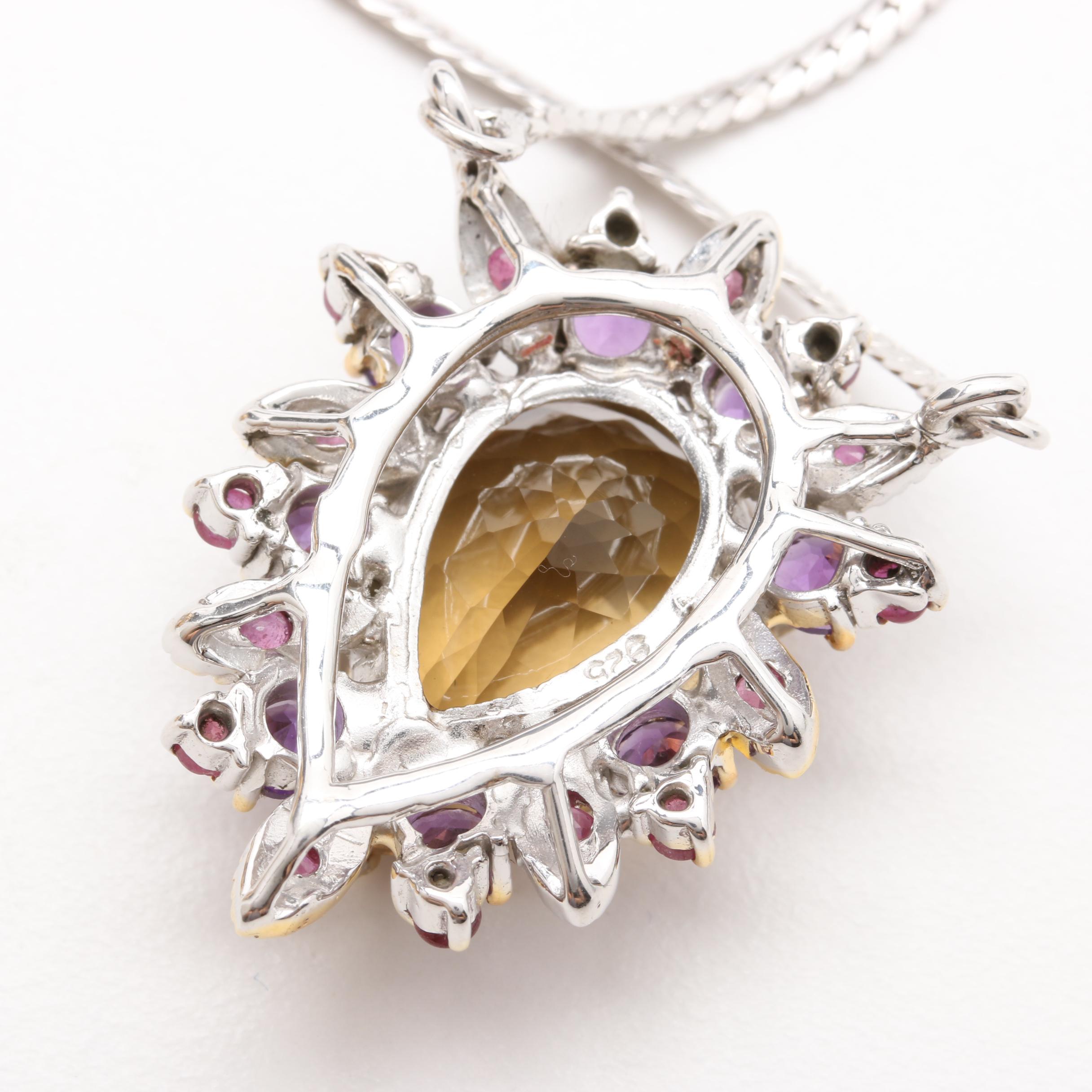 Sterling Silver Citrine, Amethyst and Ruby Necklace and Ring
