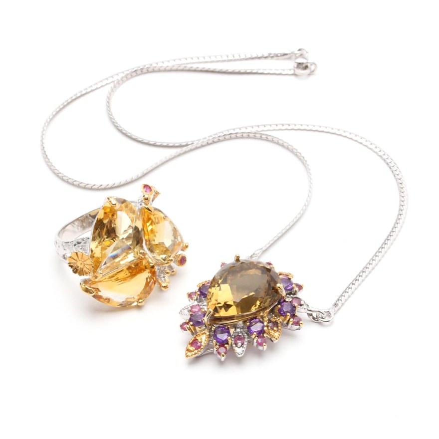 Sterling Silver Citrine, Amethyst and Ruby Necklace and Ring