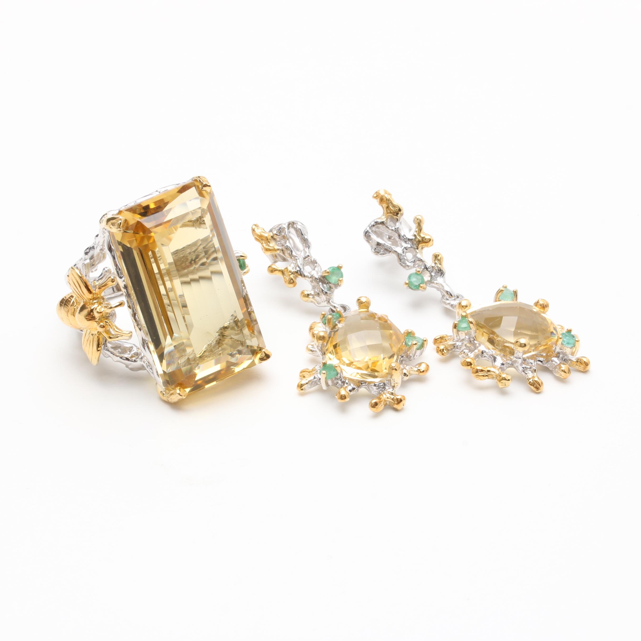 Sterling Silver Citrine and Emerald Ring and Earrings