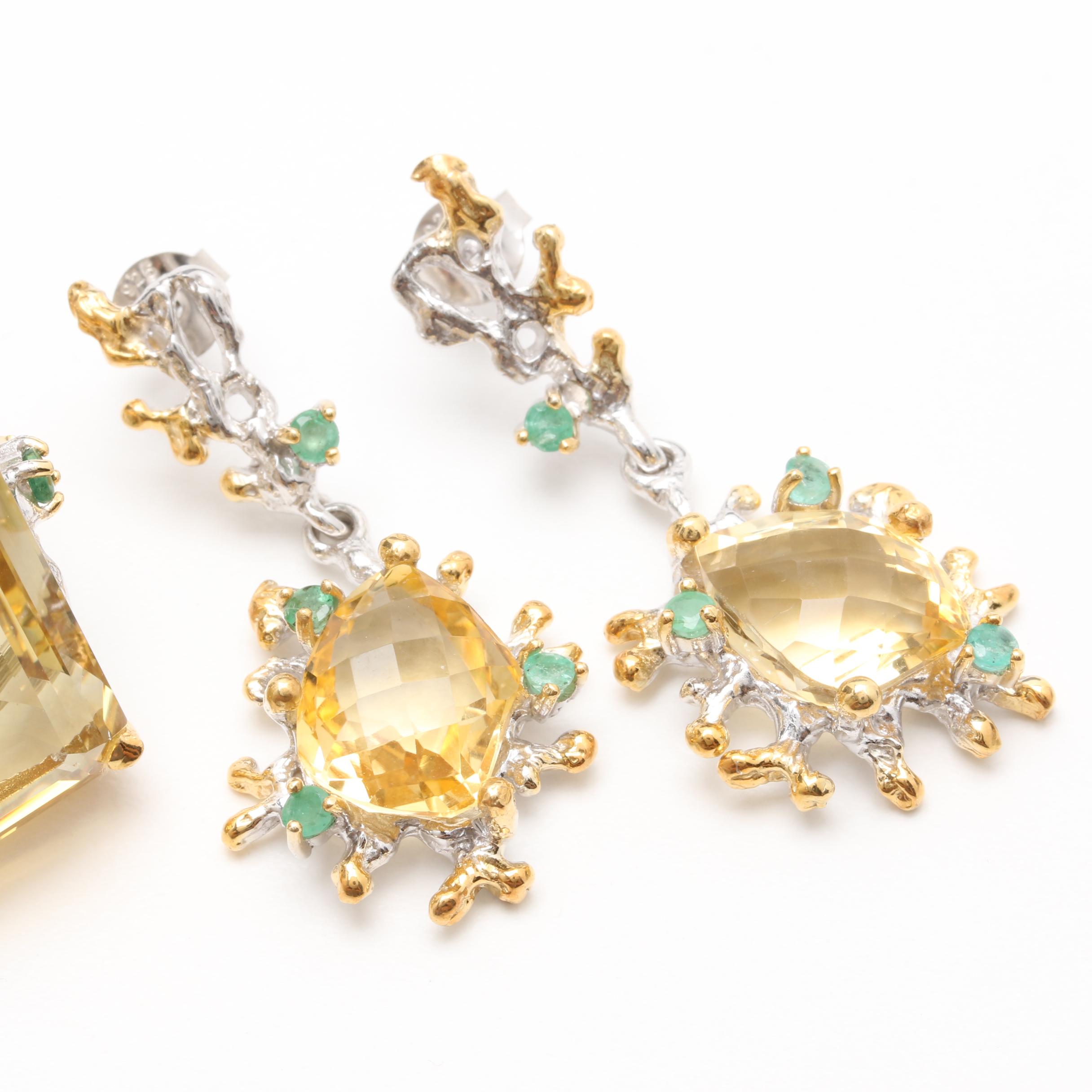 Sterling Silver Citrine and Emerald Ring and Earrings
