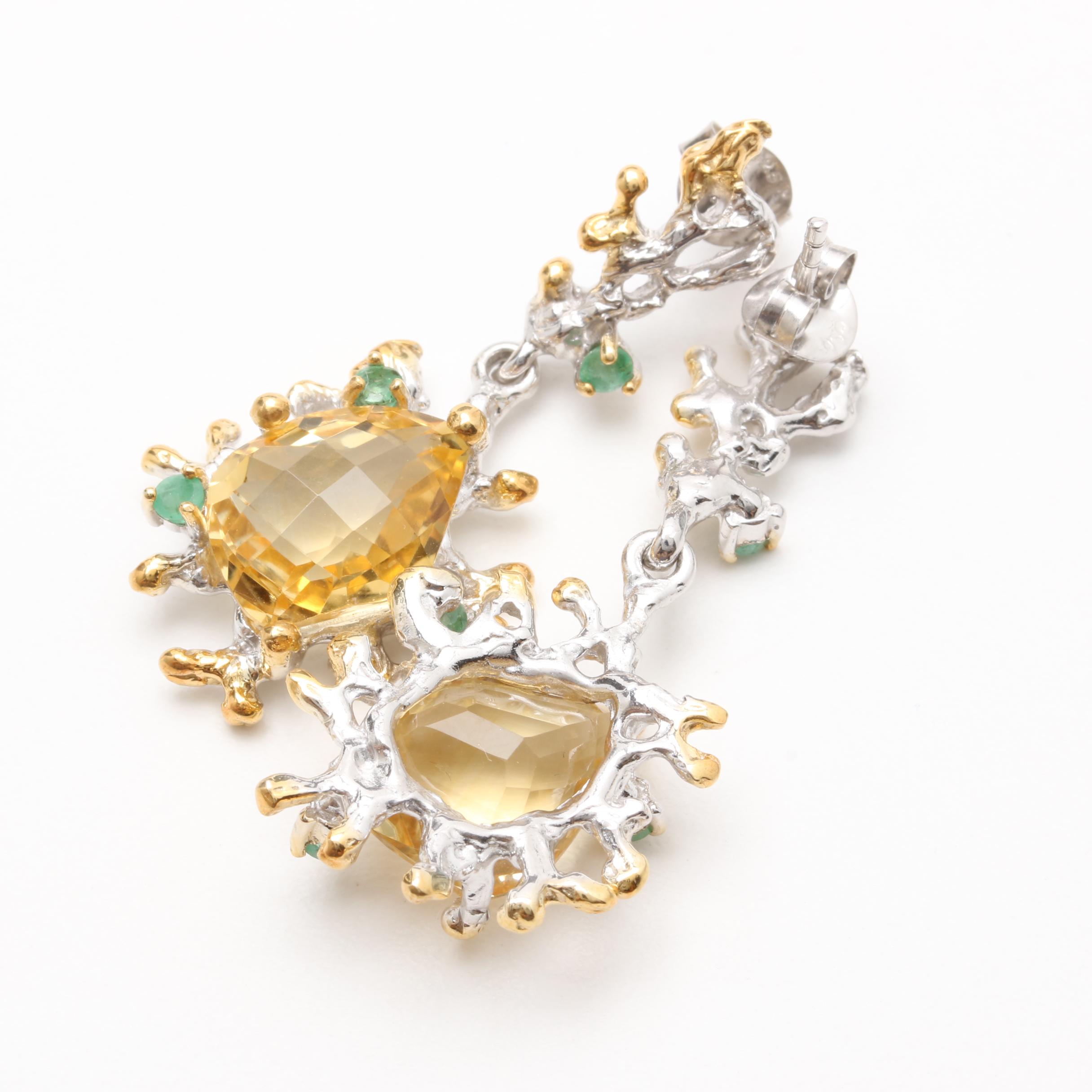 Sterling Silver Citrine and Emerald Ring and Earrings