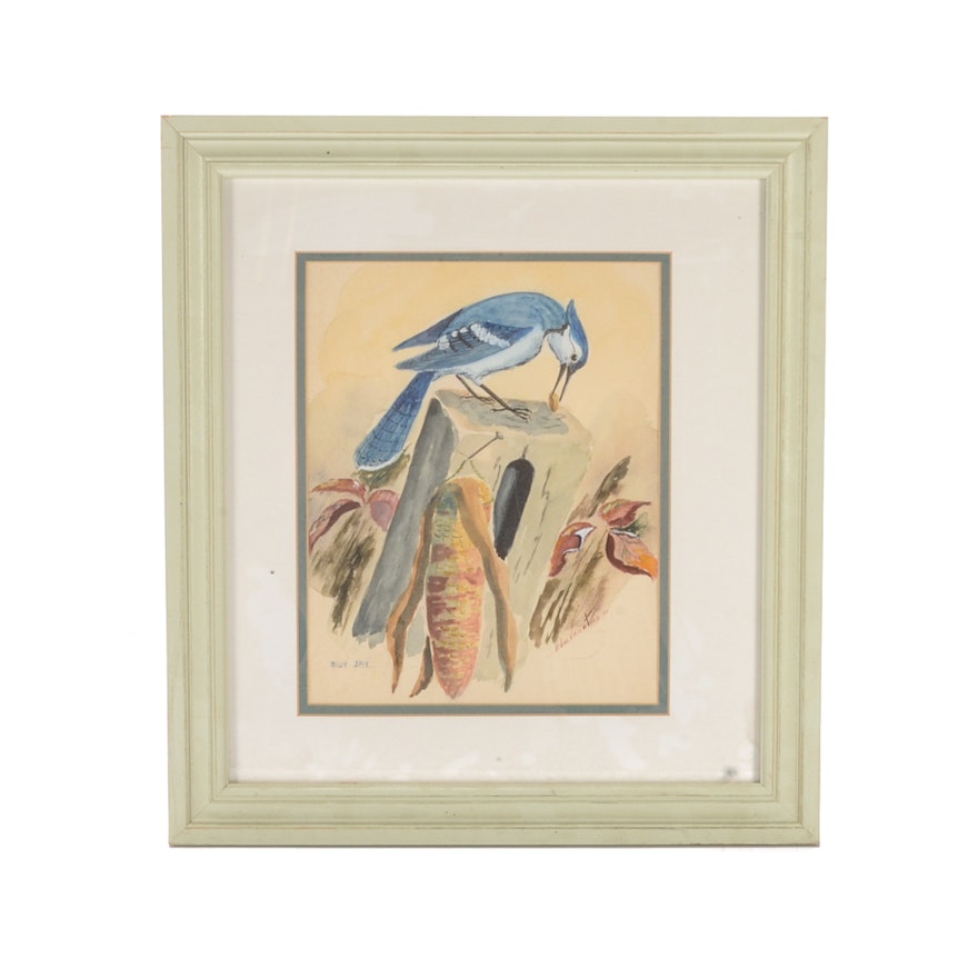 Edward Valentine Vintage Watercolor Painting "Blue Jay"