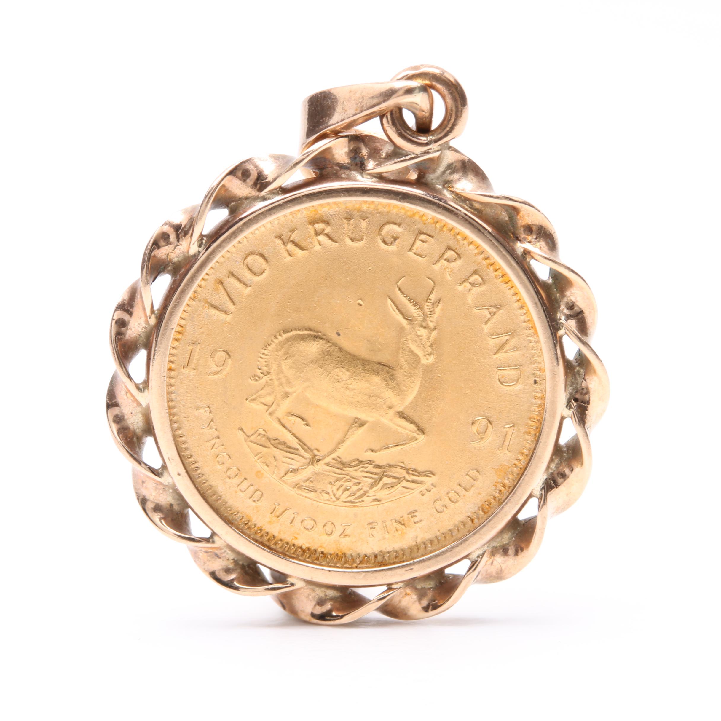 9K and 21.68K Yellow Gold 1991 South Africa 1/10 Ounce Gold Krugerrand Pendant