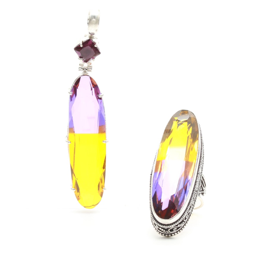 Sterling Silver Purple and Yellow Glass Brooch and Pendant