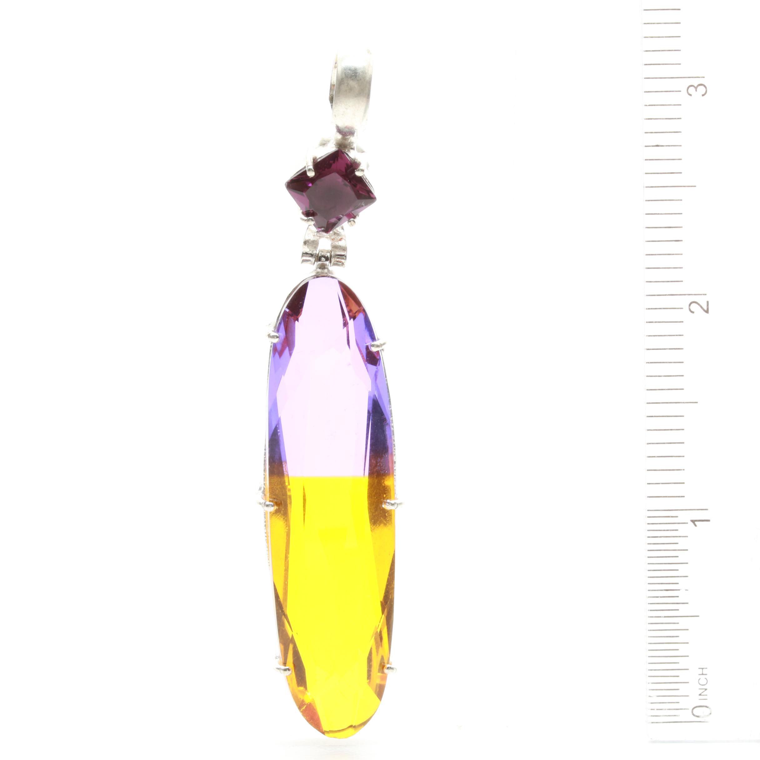 Sterling Silver Purple and Yellow Glass Brooch and Pendant