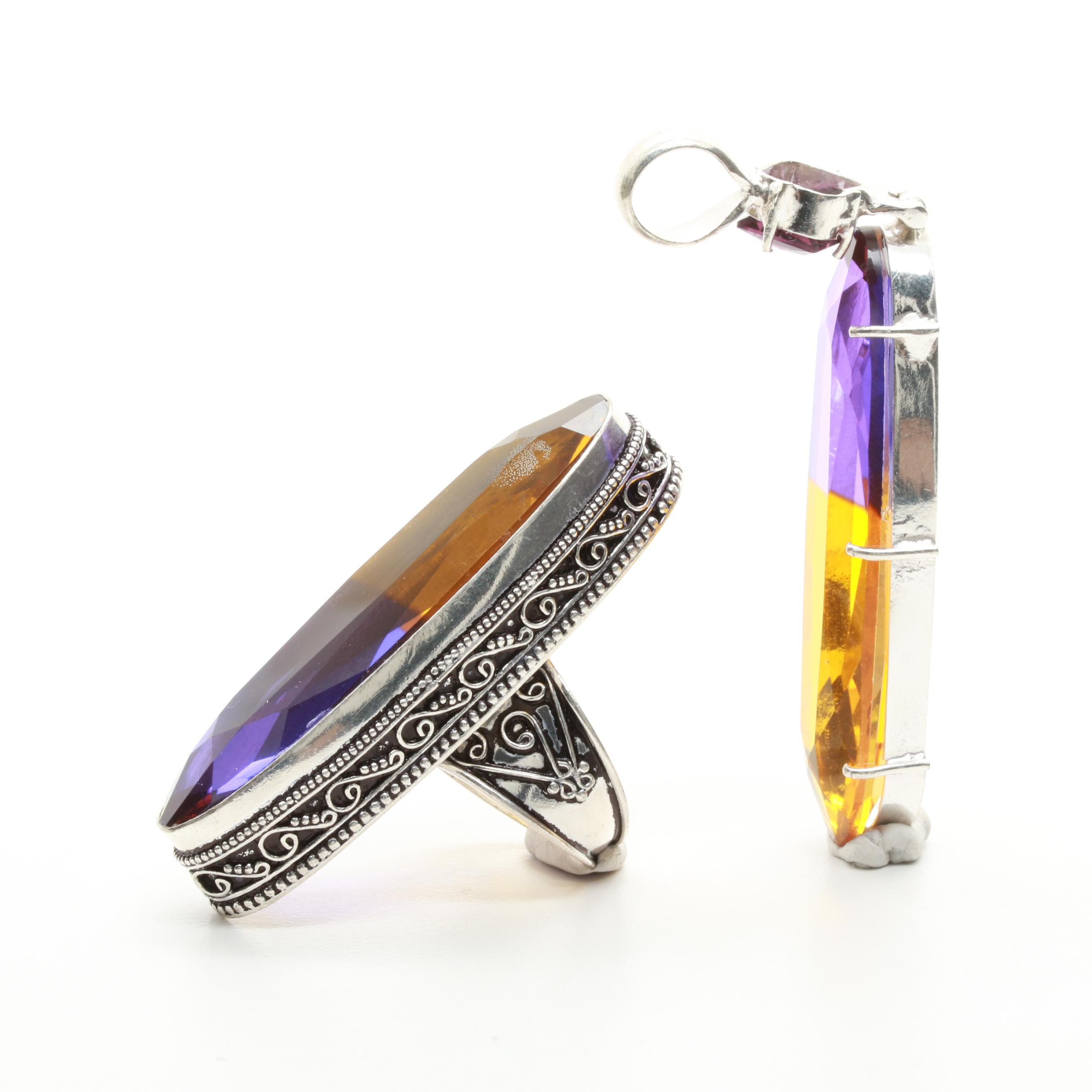 Sterling Silver Purple and Yellow Glass Brooch and Pendant