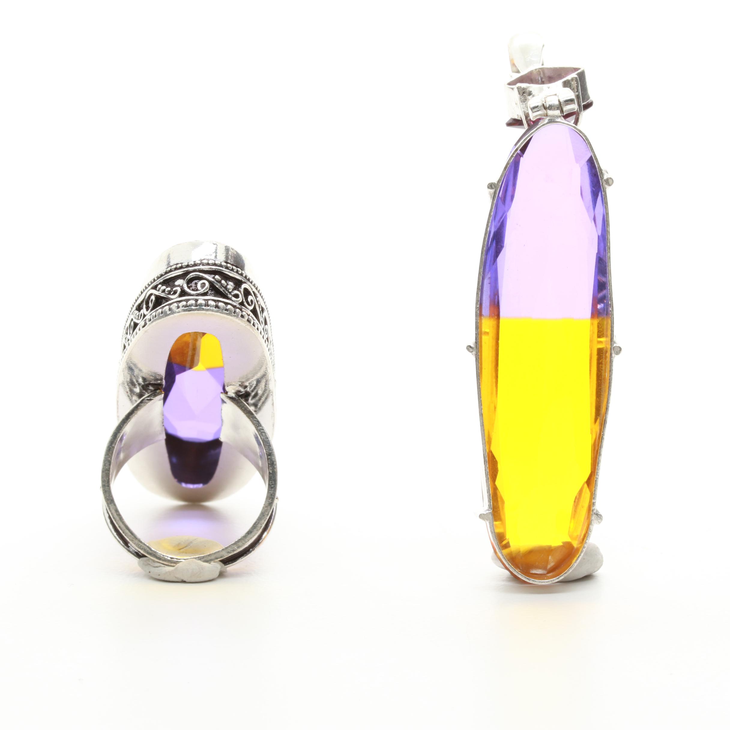 Sterling Silver Purple and Yellow Glass Brooch and Pendant