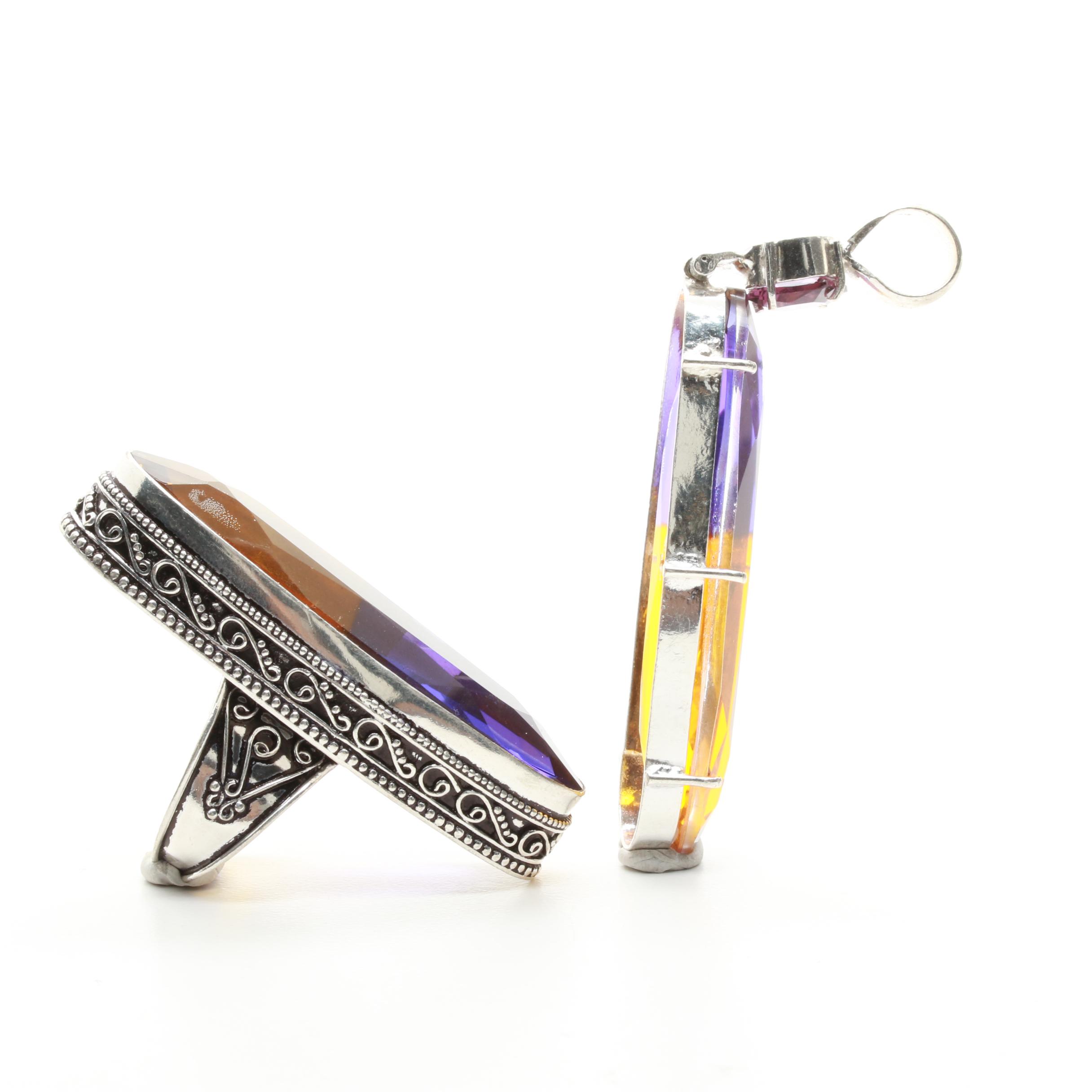 Sterling Silver Purple and Yellow Glass Brooch and Pendant
