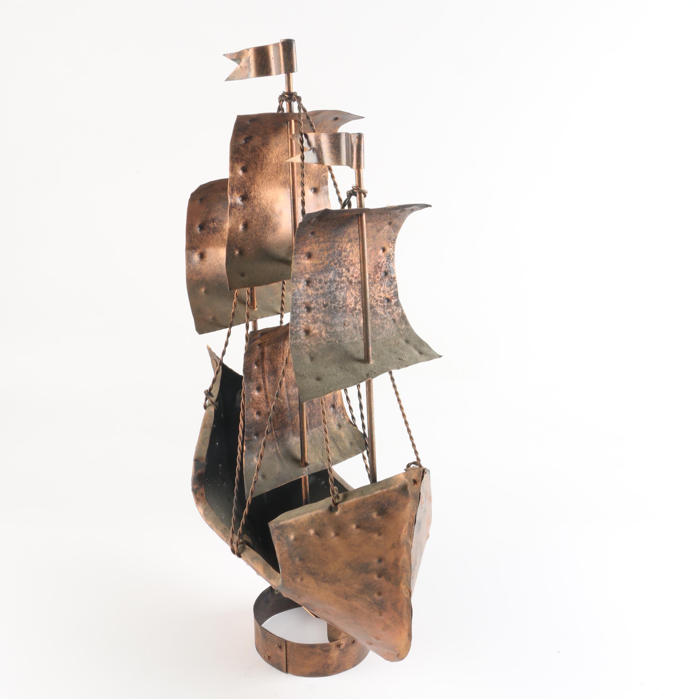 Copper Tone Metal Ship Sculpture