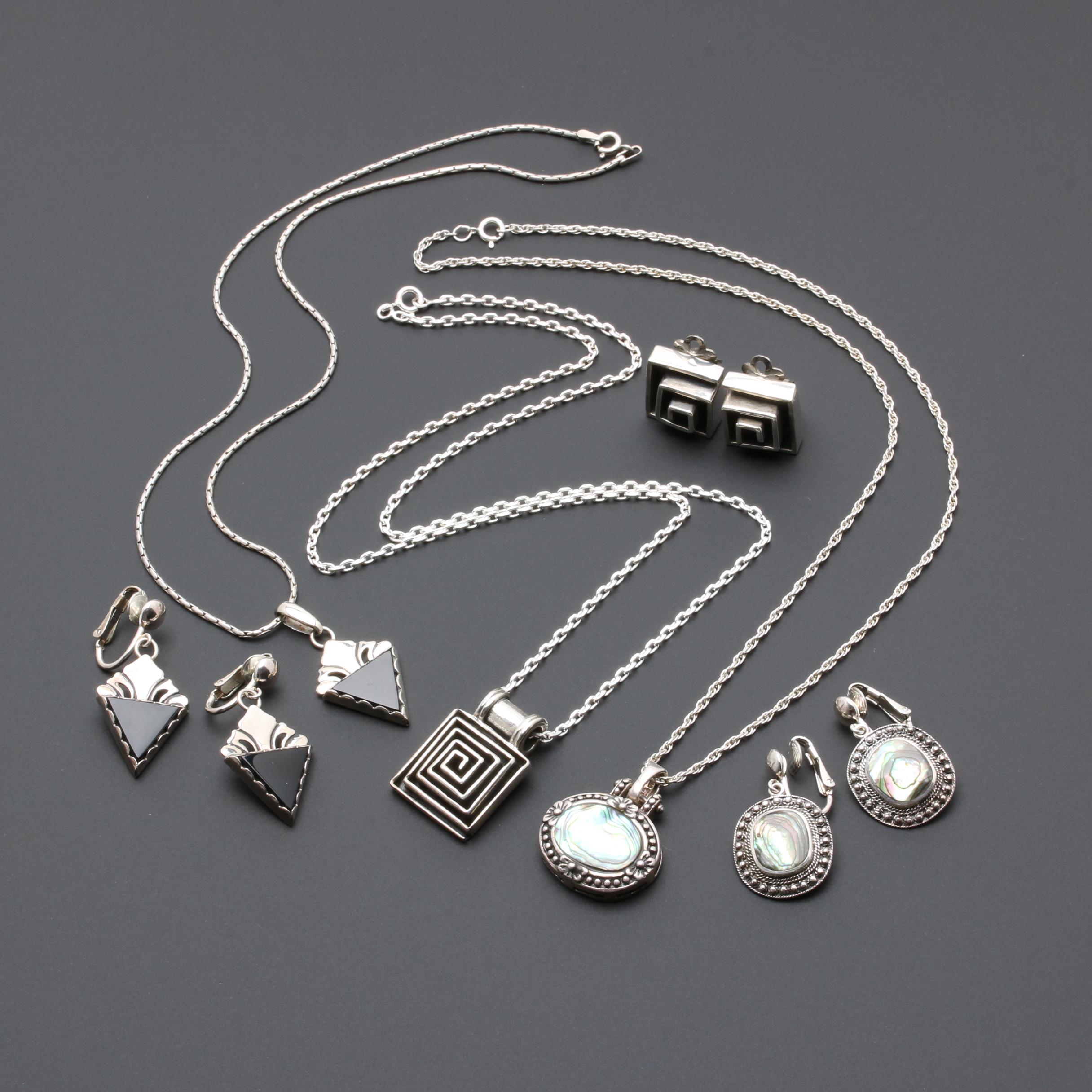 Sterling Silver Necklaces and Earrings Including Black Onyx and Abalone