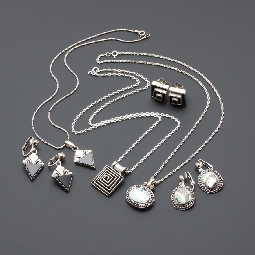 Sterling Silver Necklaces and Earrings Including Black Onyx and Abalone