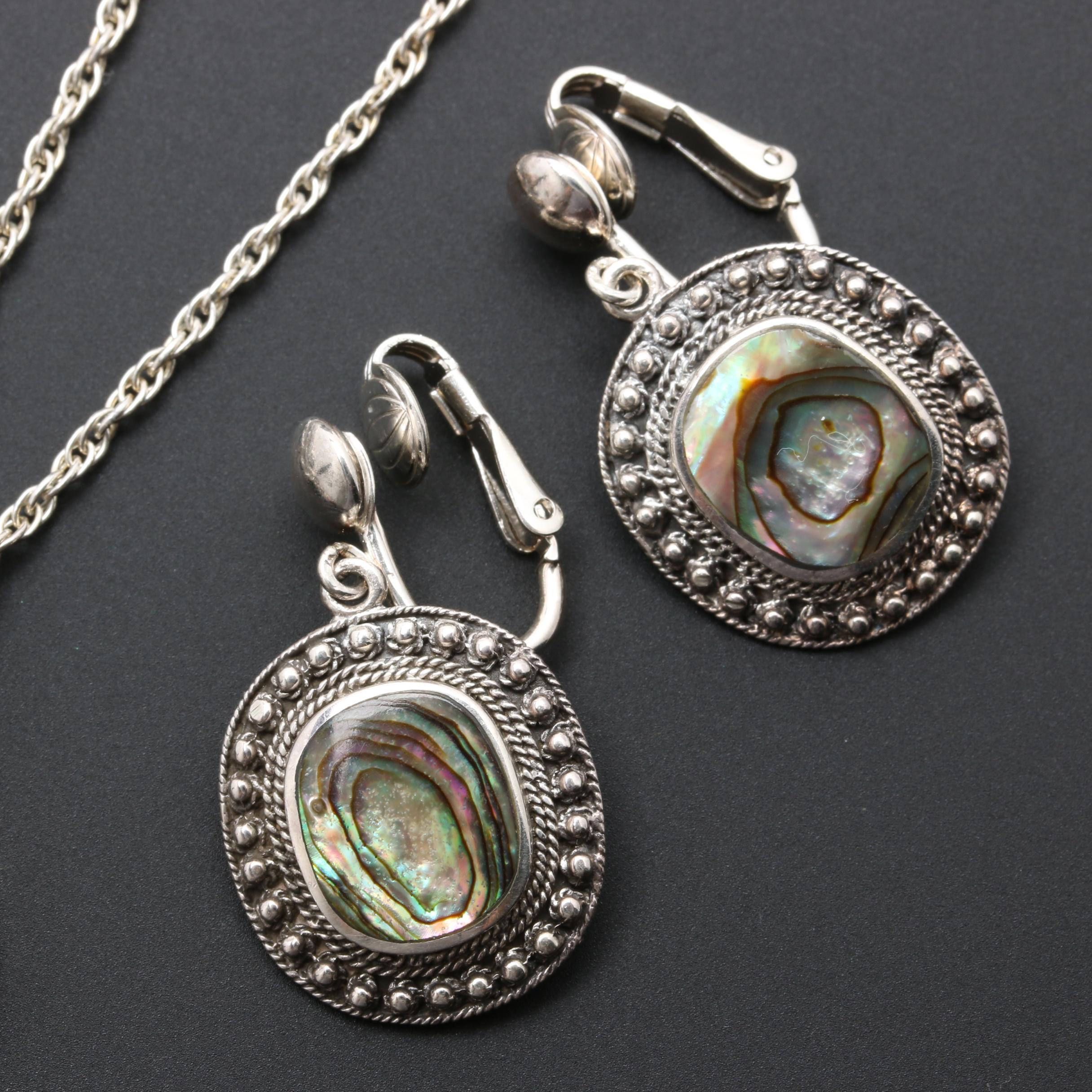 Sterling Silver Necklaces and Earrings Including Black Onyx and Abalone