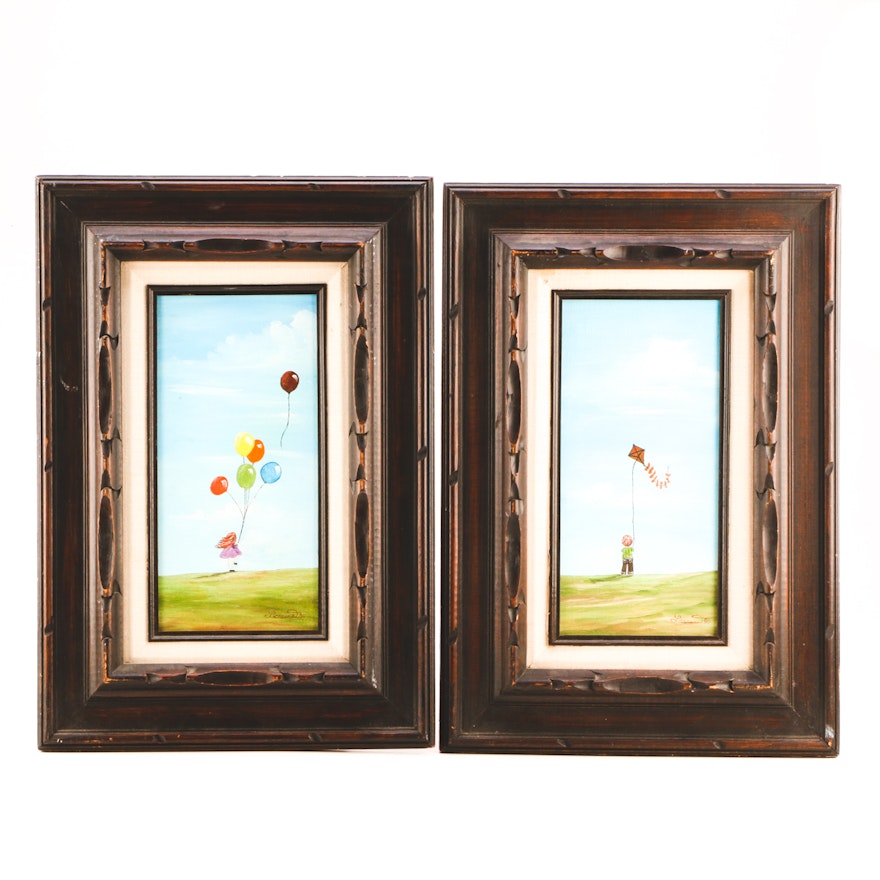 Pair of Lorraine Oil Paintings on Canvas of Children with Kite and Balloons