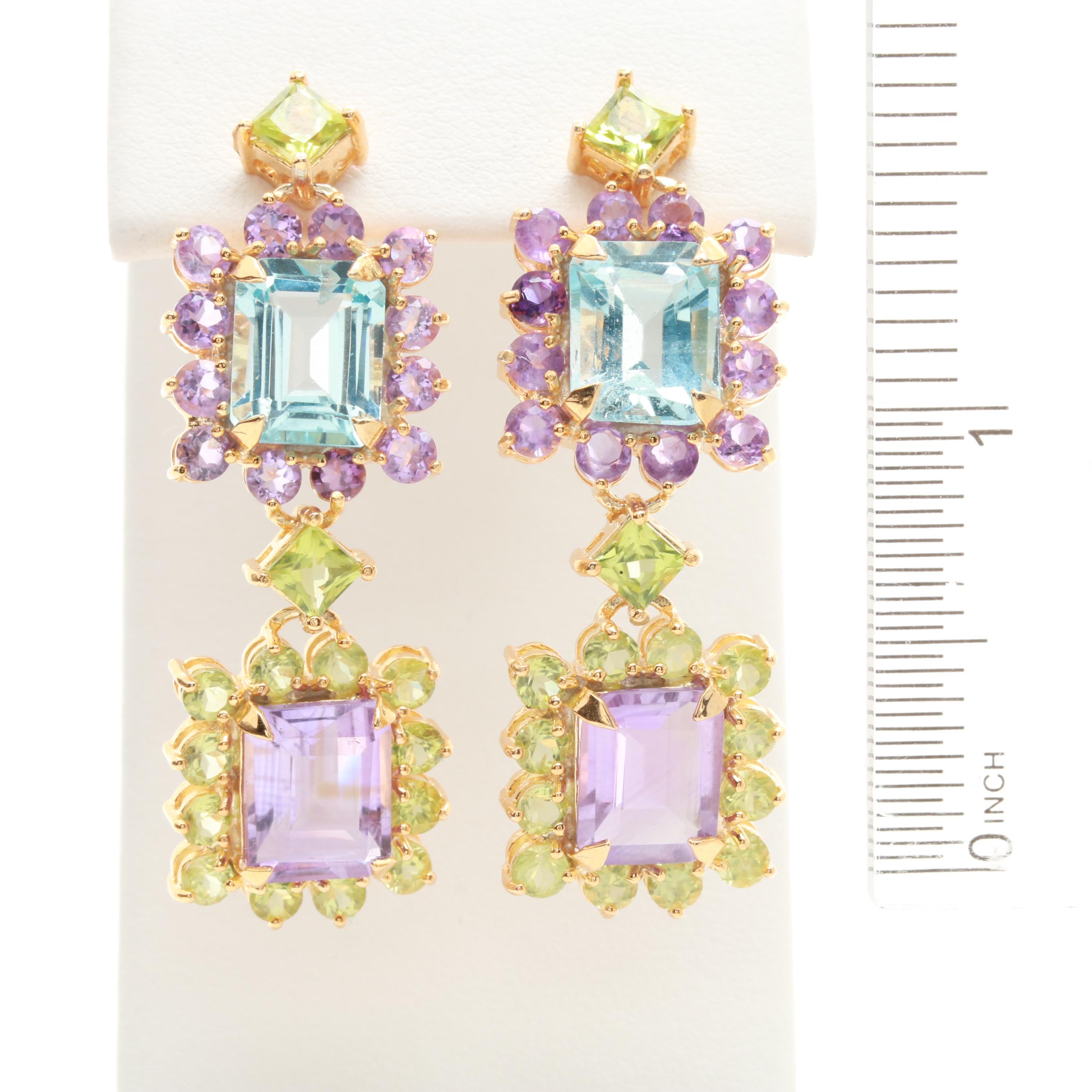 Sterling Silver Blue Topaz, Amethyst and Peridot Earrings