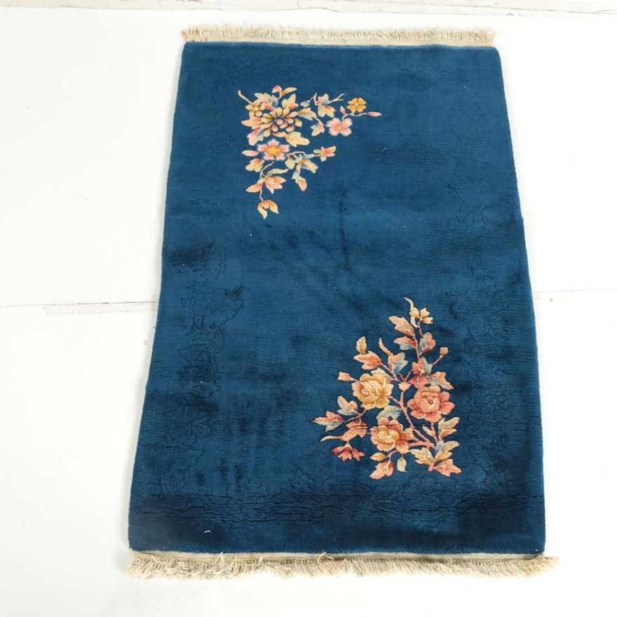 Semi-Antique Hand-Knotted Chinese Art Deco Style Carved Wool Accent Rug