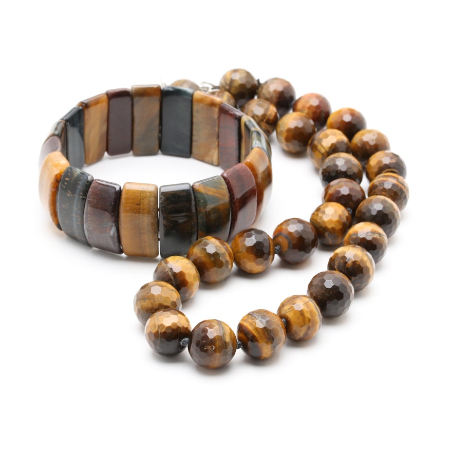 Silver Tone Tiger's Eye, Hawk's Eye and Red Tiger's Eye Necklace and Bracelet