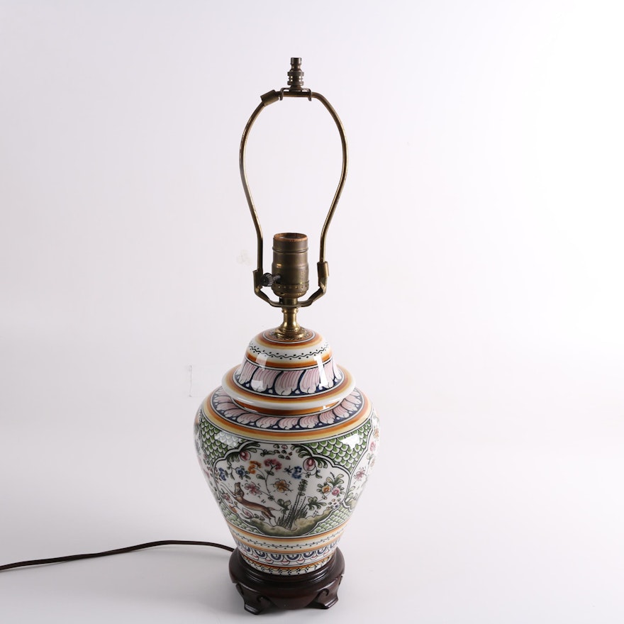 Persian Style Hand-Decorated Urn Earthenware Lamp Featuring Nature Vignettes
