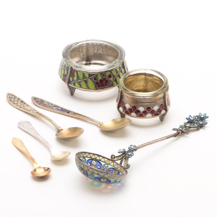 Hommet Russian Enameled Silver Plate Salt Cellars with Sterling Spoons