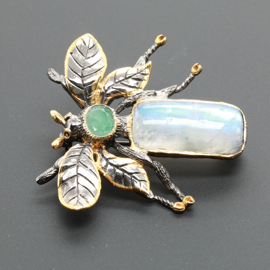Sterling Silver Rainbow Moonstone and Emerald Bug Brooch