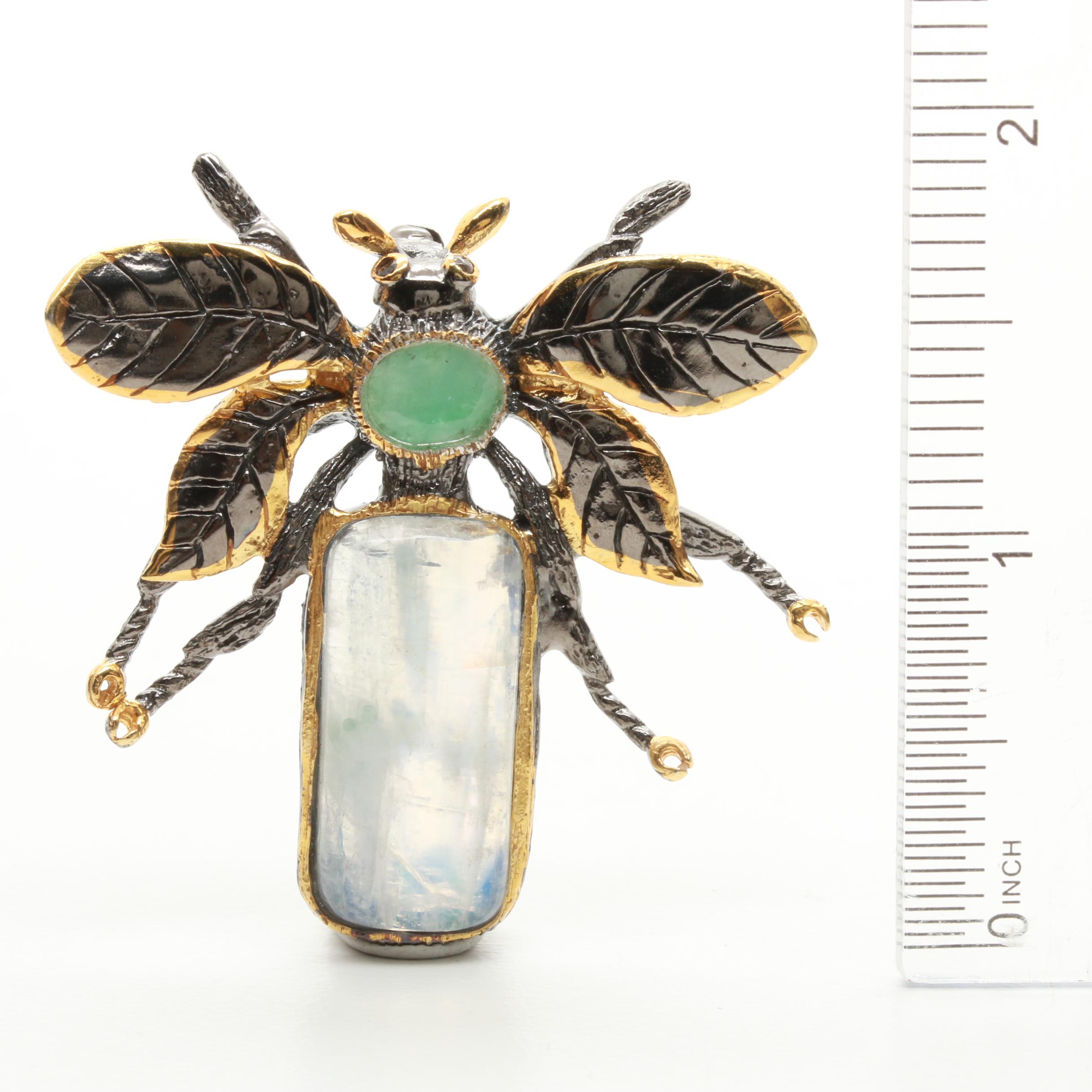 Sterling Silver Rainbow Moonstone and Emerald Bug Brooch