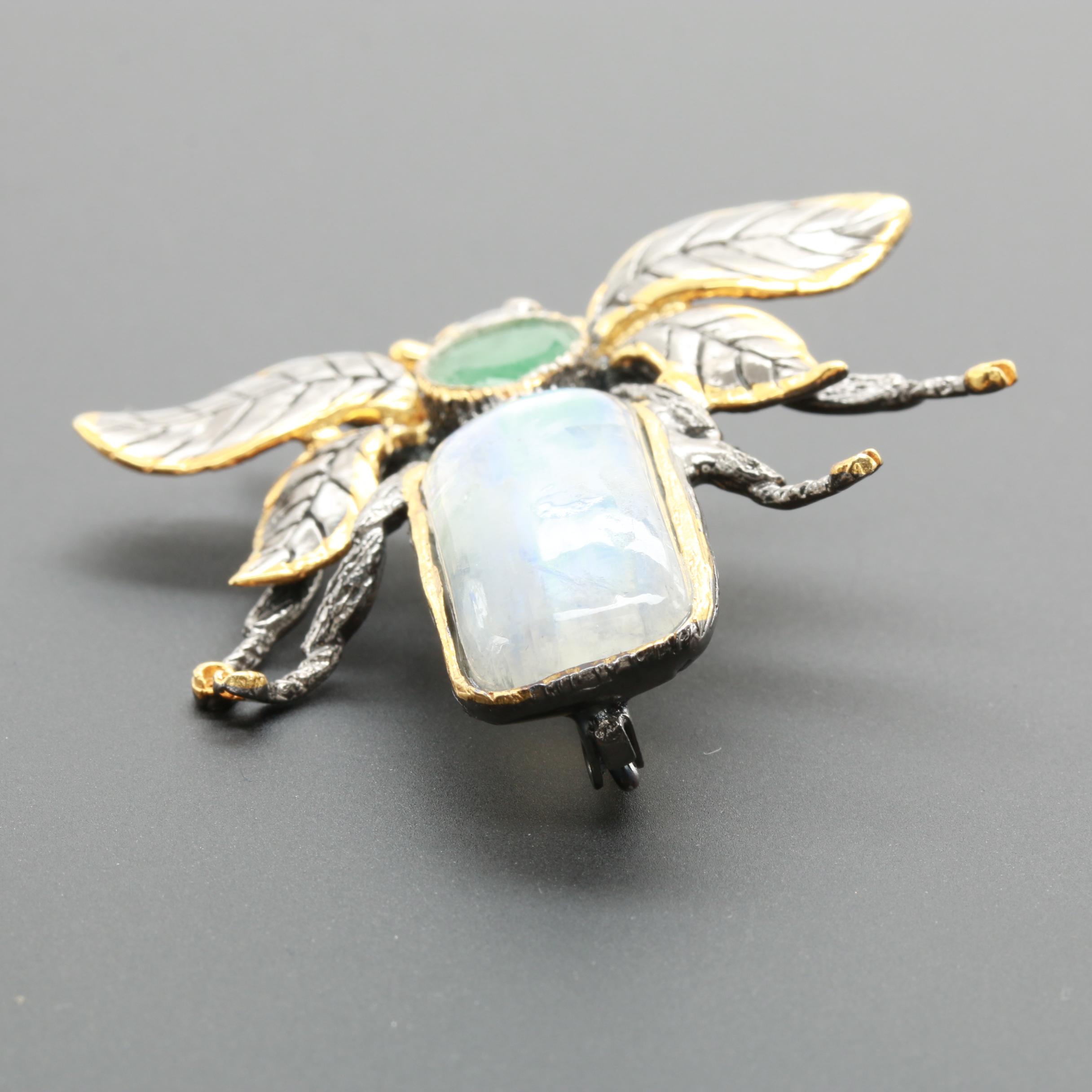 Sterling Silver Rainbow Moonstone and Emerald Bug Brooch
