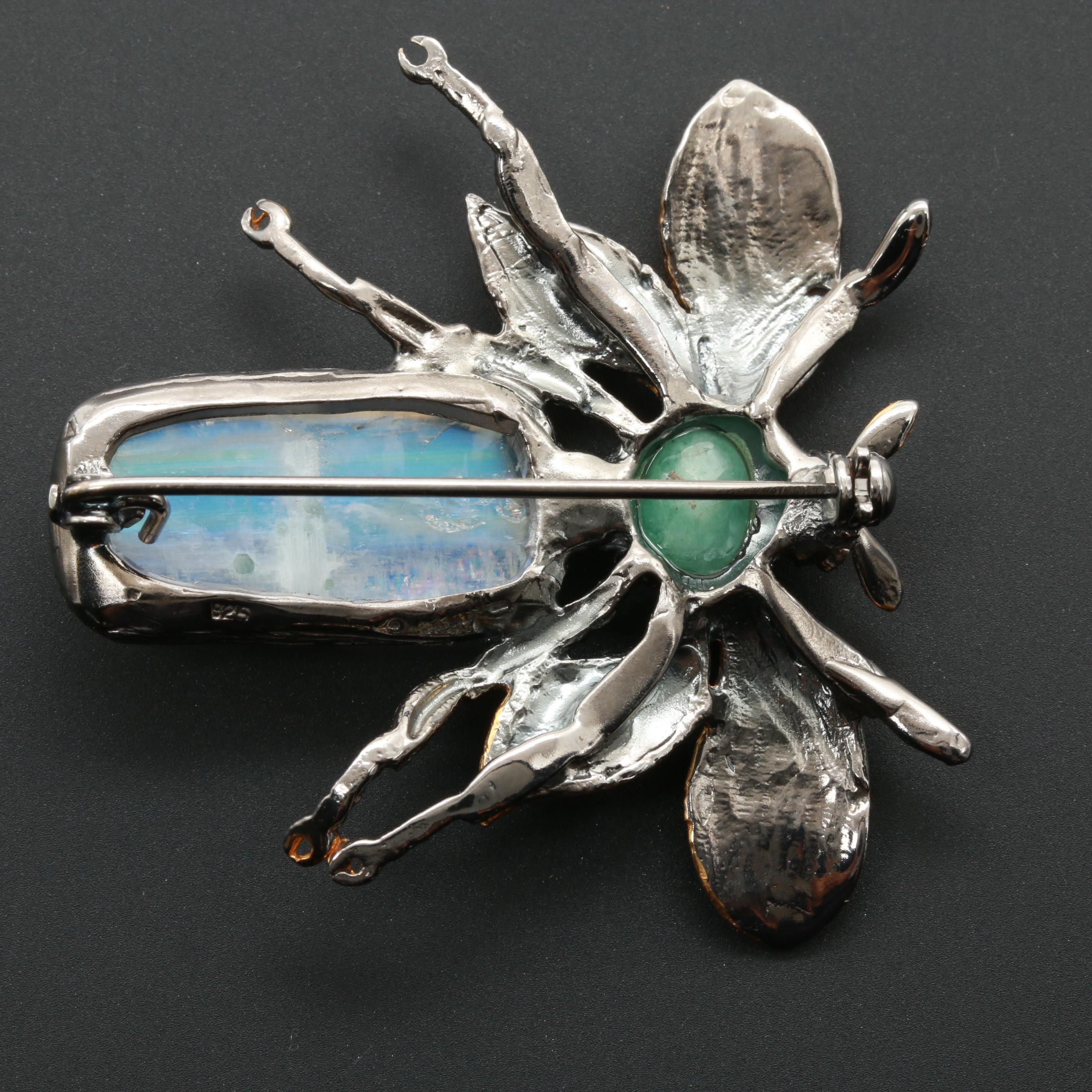 Sterling Silver Rainbow Moonstone and Emerald Bug Brooch