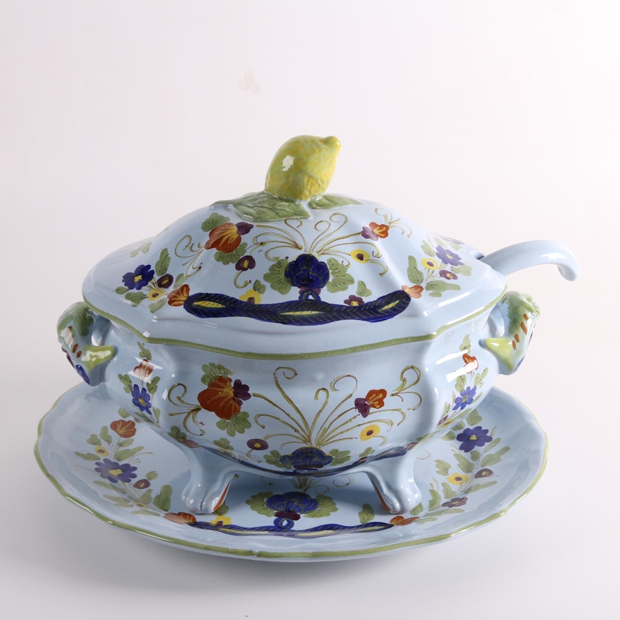 Hand-Painted Italian Soup Tureen with Under Tray and Ladle