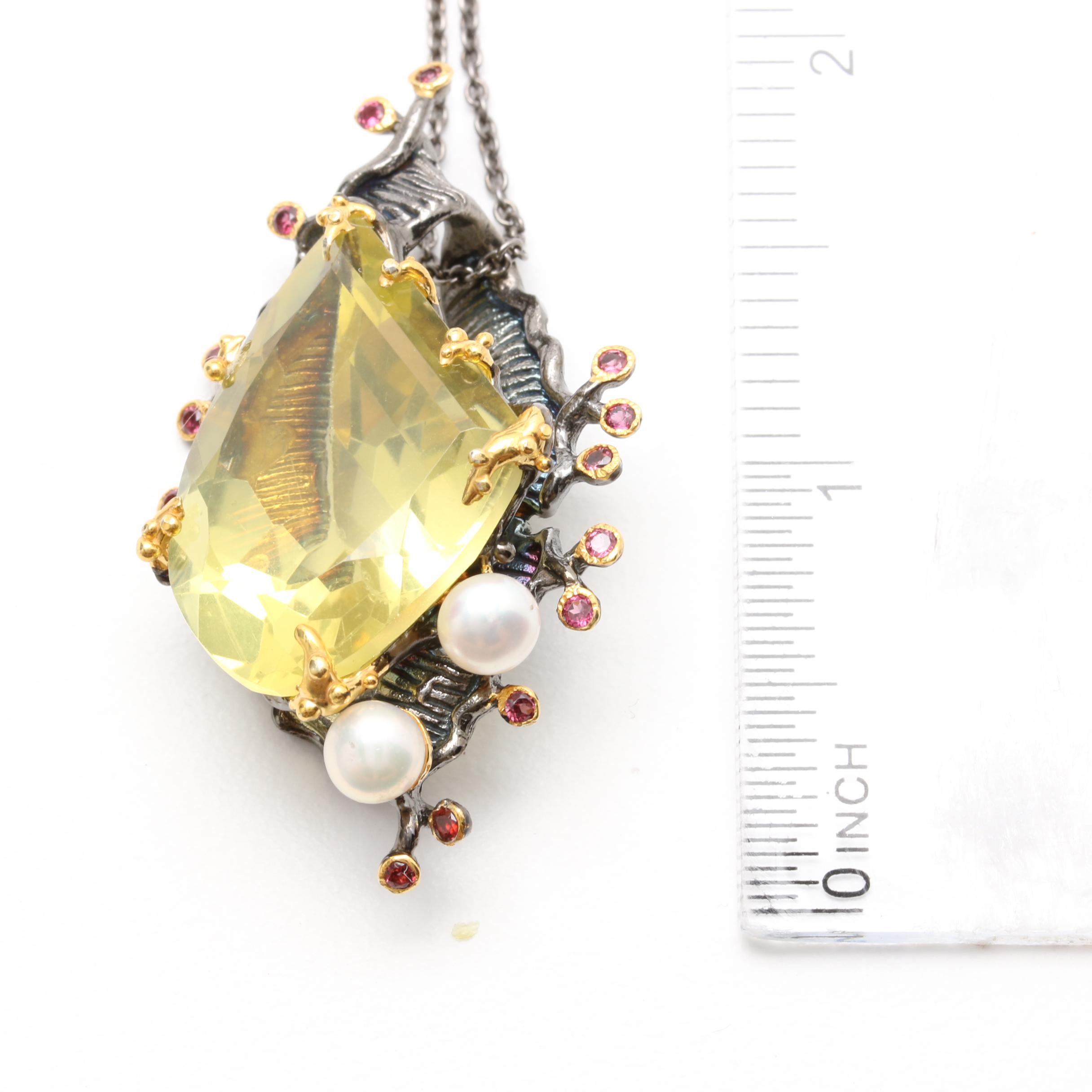 Sterling Silver Necklace and Pendant Including Emerald and Lemon Quartz