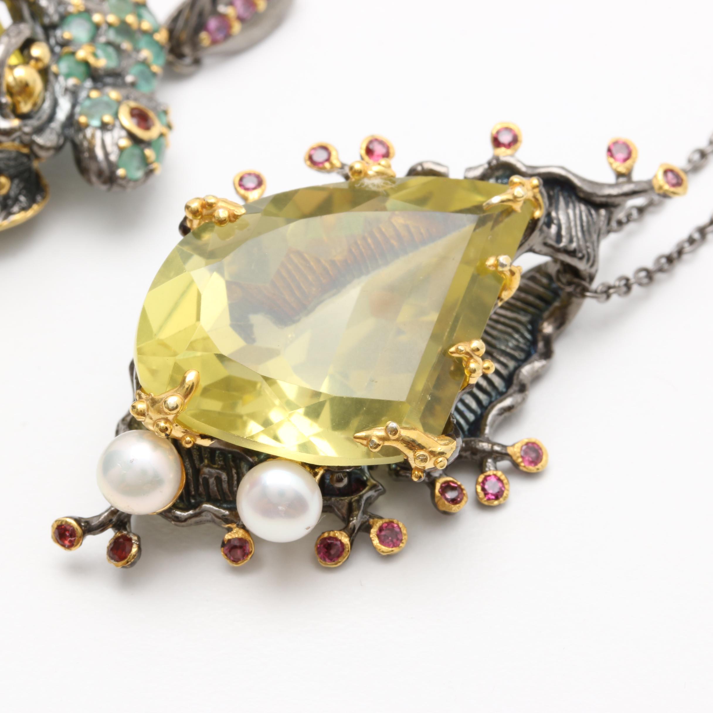 Sterling Silver Necklace and Pendant Including Emerald and Lemon Quartz
