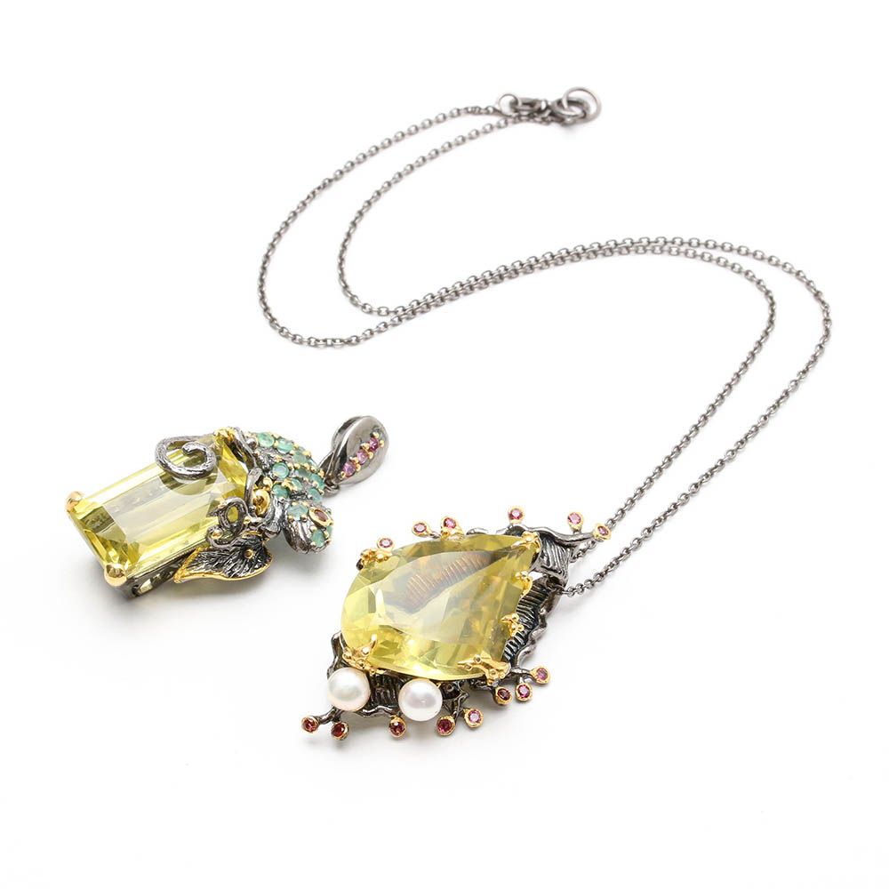 Sterling Silver Necklace and Pendant Including Emerald and Lemon Quartz