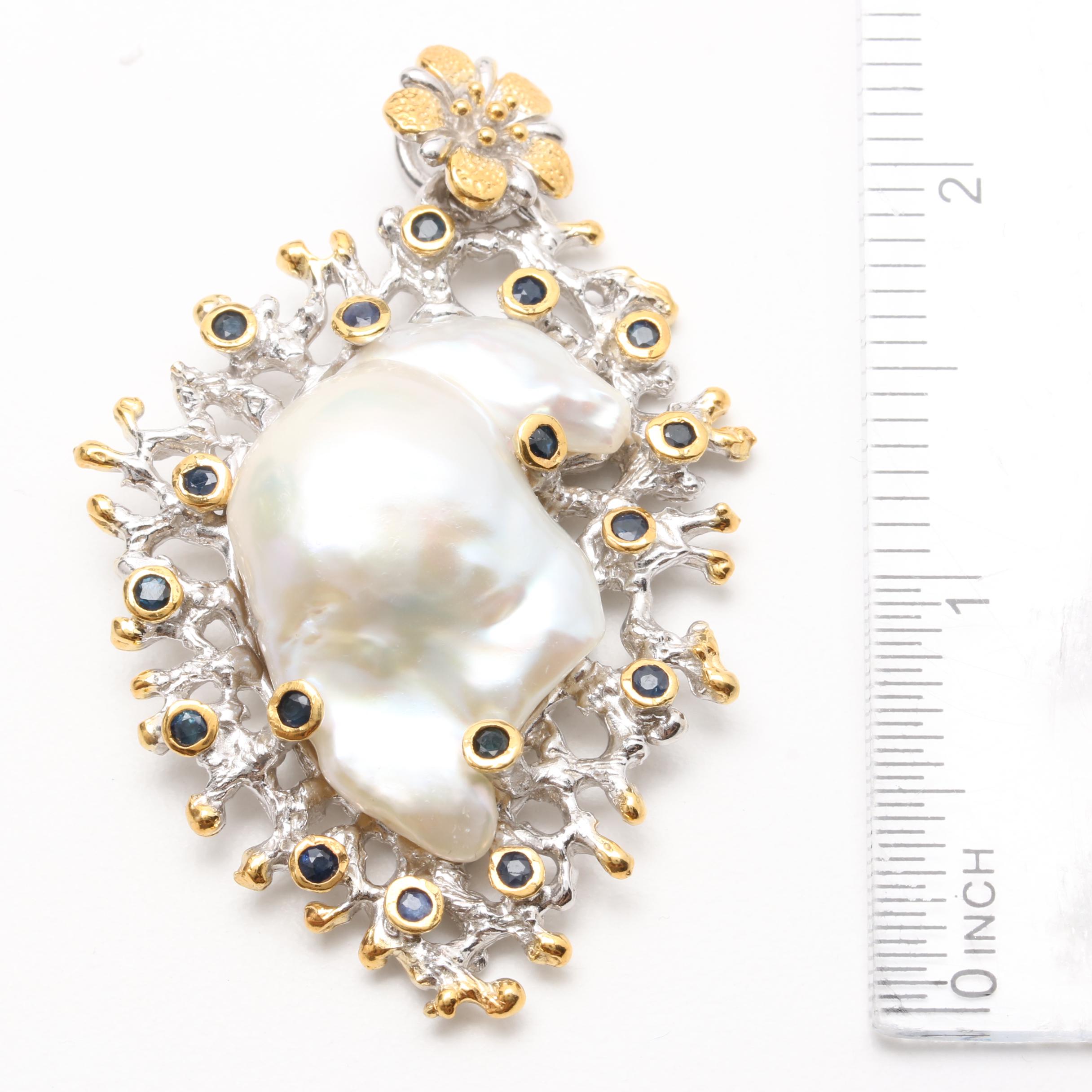 Sterling Silver Cultured Pearl, Tourmaline and Sapphire Ring and Pendant